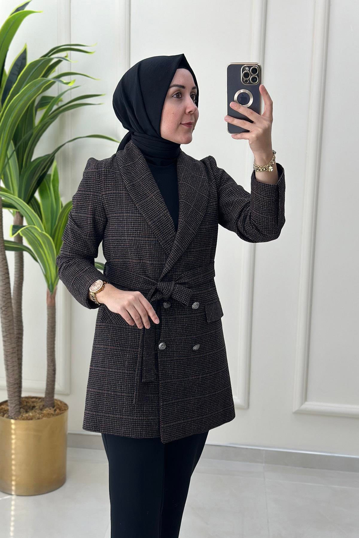CeketBeli Kemerli Dört Düğme Blazer Kadın Ceket Kahverengi ALS 5004