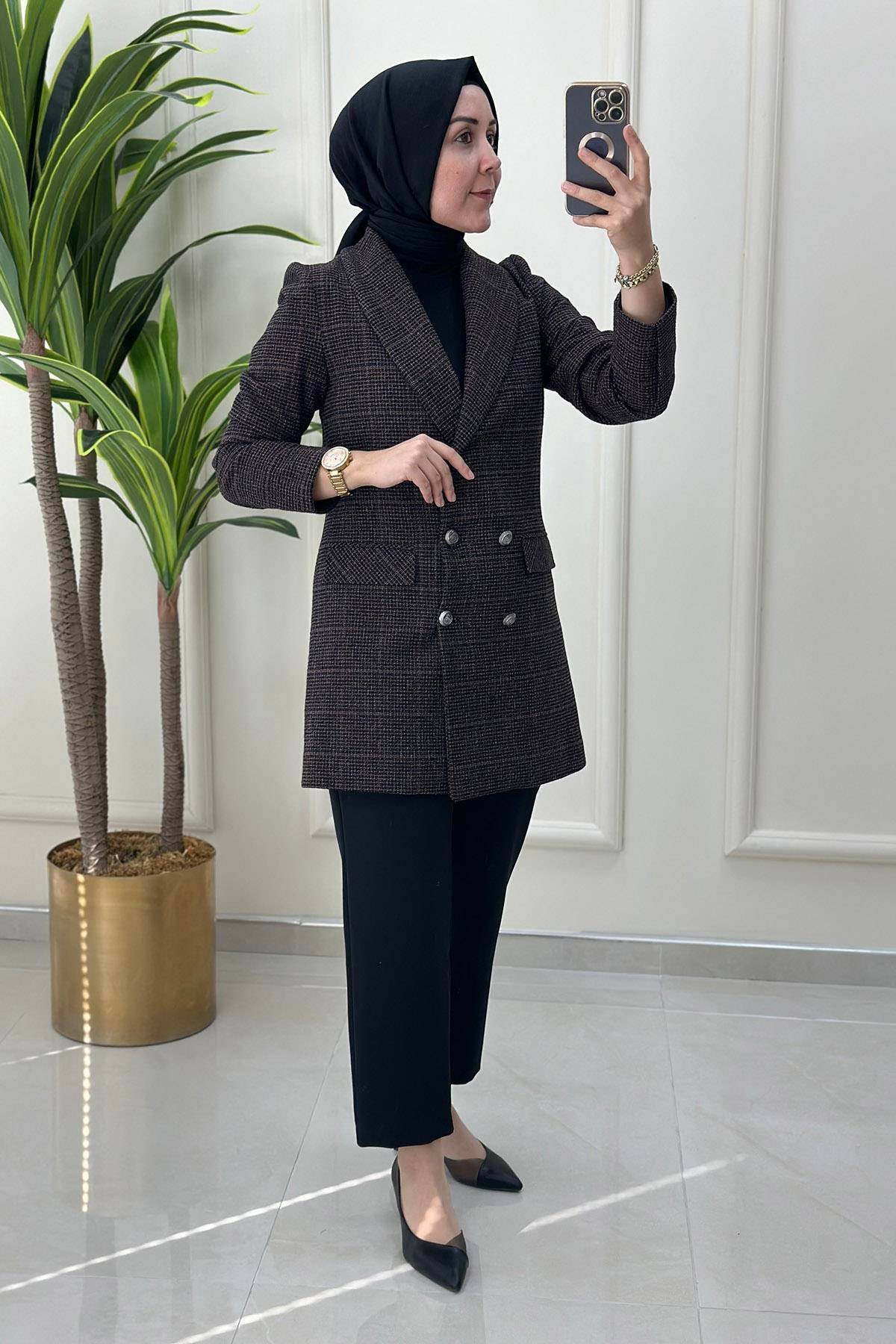 CeketBeli Kemerli Dört Düğme Blazer Kadın Ceket Kahverengi ALS 5004