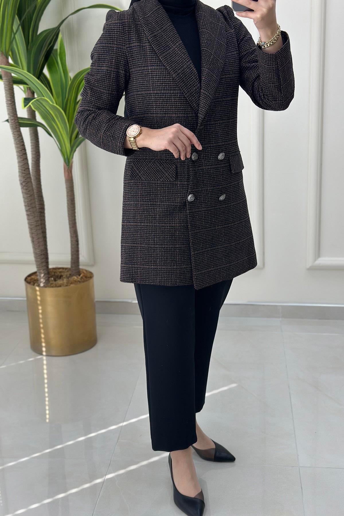 CeketBeli Kemerli Dört Düğme Blazer Kadın Ceket Kahverengi ALS 5004