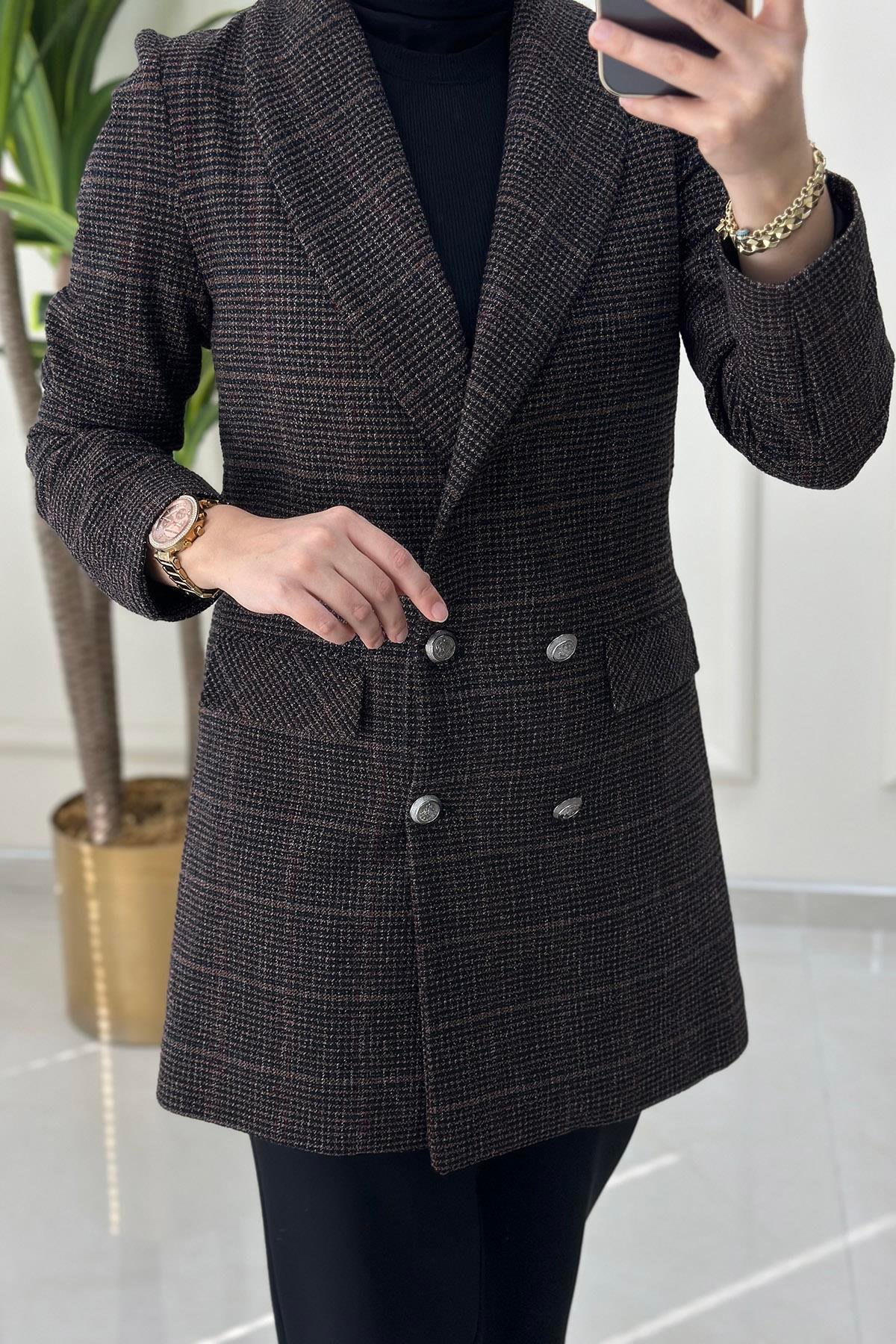 CeketBeli Kemerli Dört Düğme Blazer Kadın Ceket Kahverengi ALS 5004