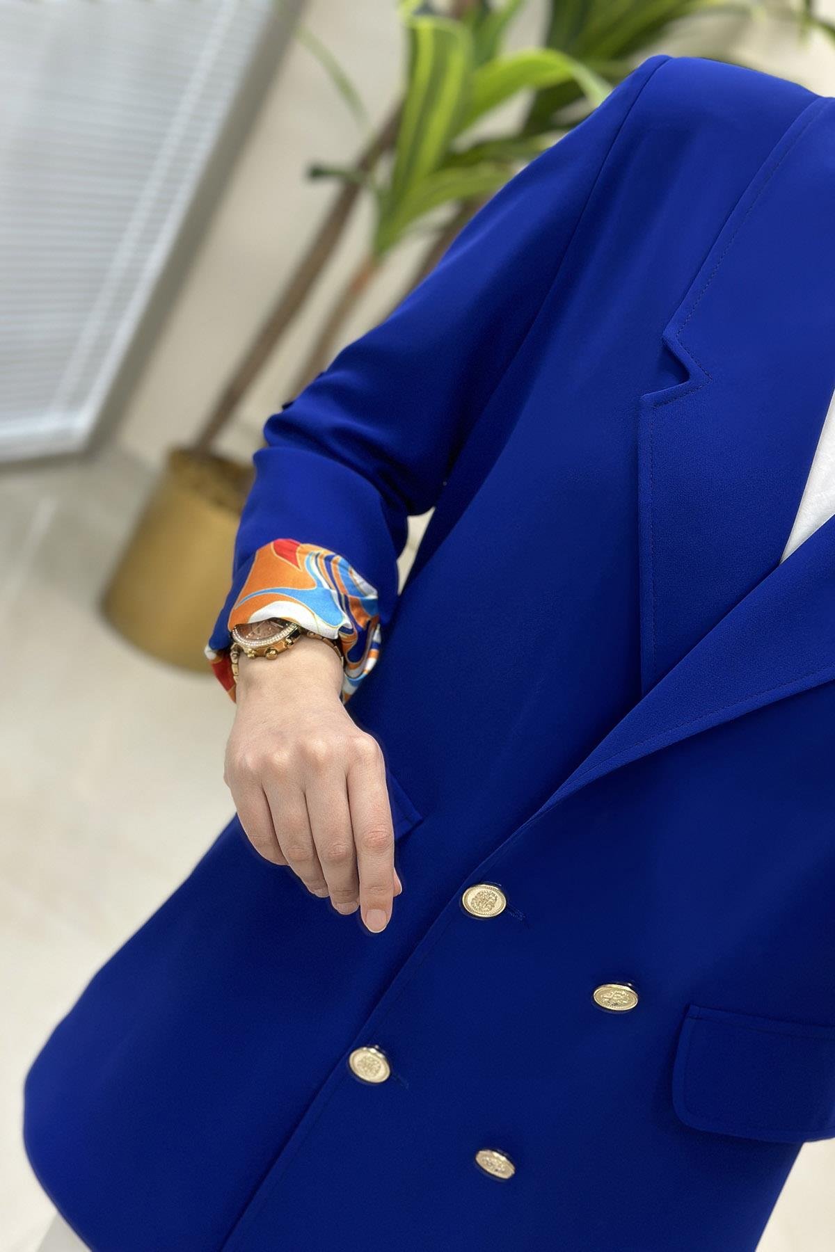 CeketKatlama Kol Desen Detaylı Blazer Kadın Ceket Saks Mavisi MLH 5109