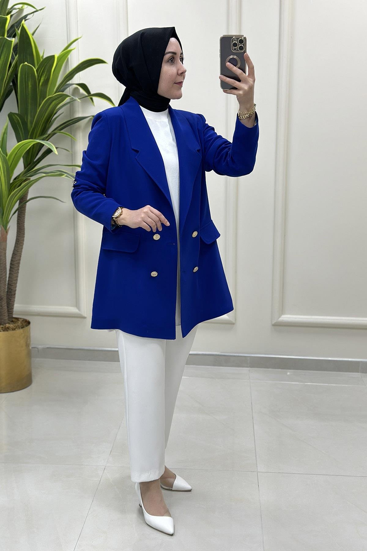 CeketKatlama Kol Desen Detaylı Blazer Kadın Ceket Saks Mavisi MLH 5109