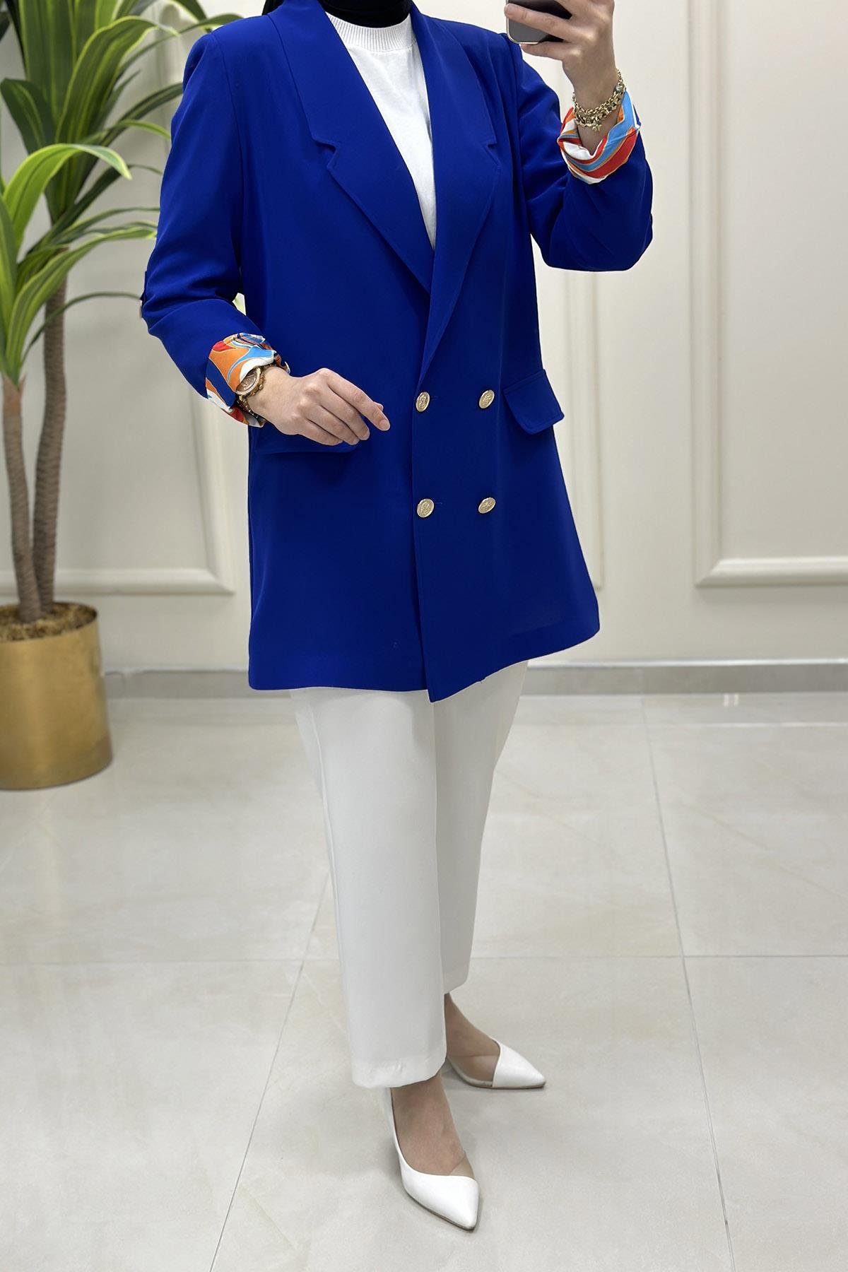 CeketKatlama Kol Desen Detaylı Blazer Kadın Ceket Saks Mavisi MLH 5109