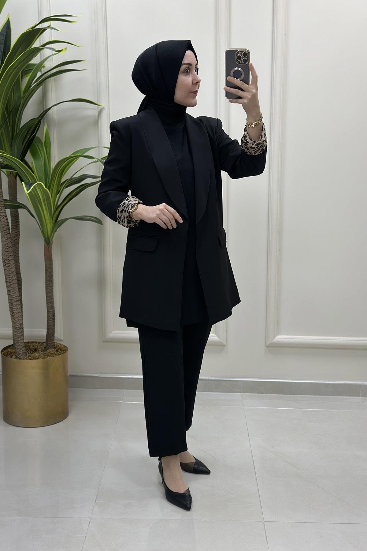 CeketKatlama Kol Leopar Detaylı Kadın Blazer Ceket Siyah MSE 1324