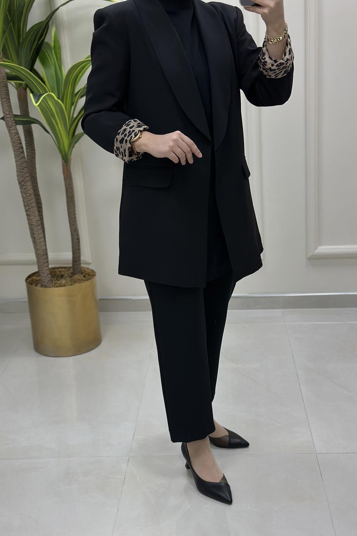 CeketKatlama Kol Leopar Detaylı Kadın Blazer Ceket Siyah MSE 1324