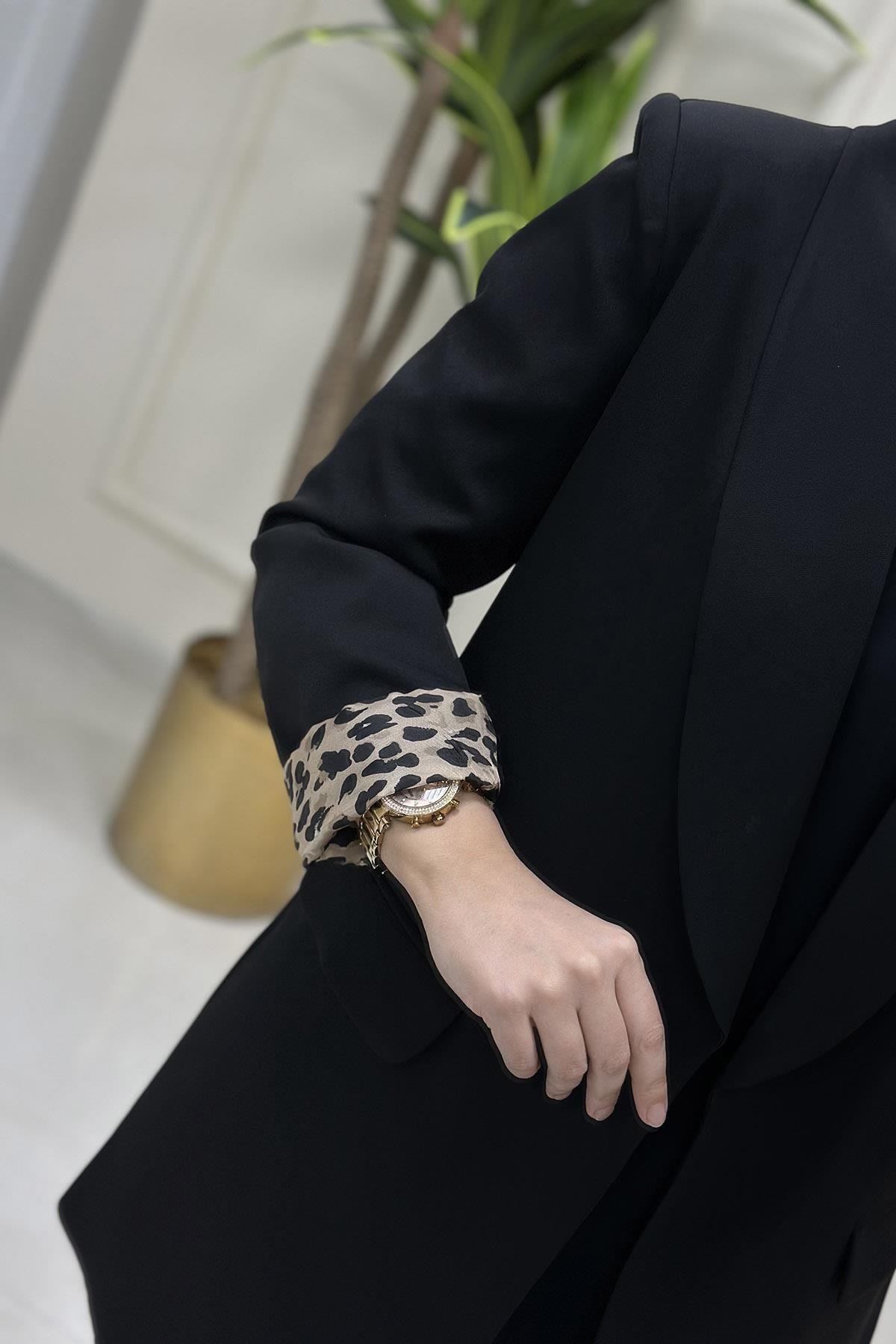 CeketKatlama Kol Leopar Detaylı Kadın Blazer Ceket Siyah MSE 1324
