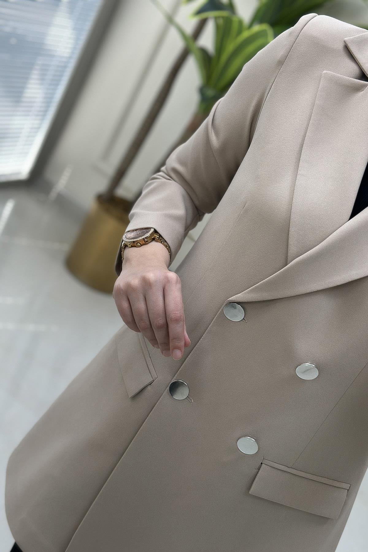 CeketKruvaze Yaka Önü Düğmeli Kadın Blazer Ceket Bej OZN 4151