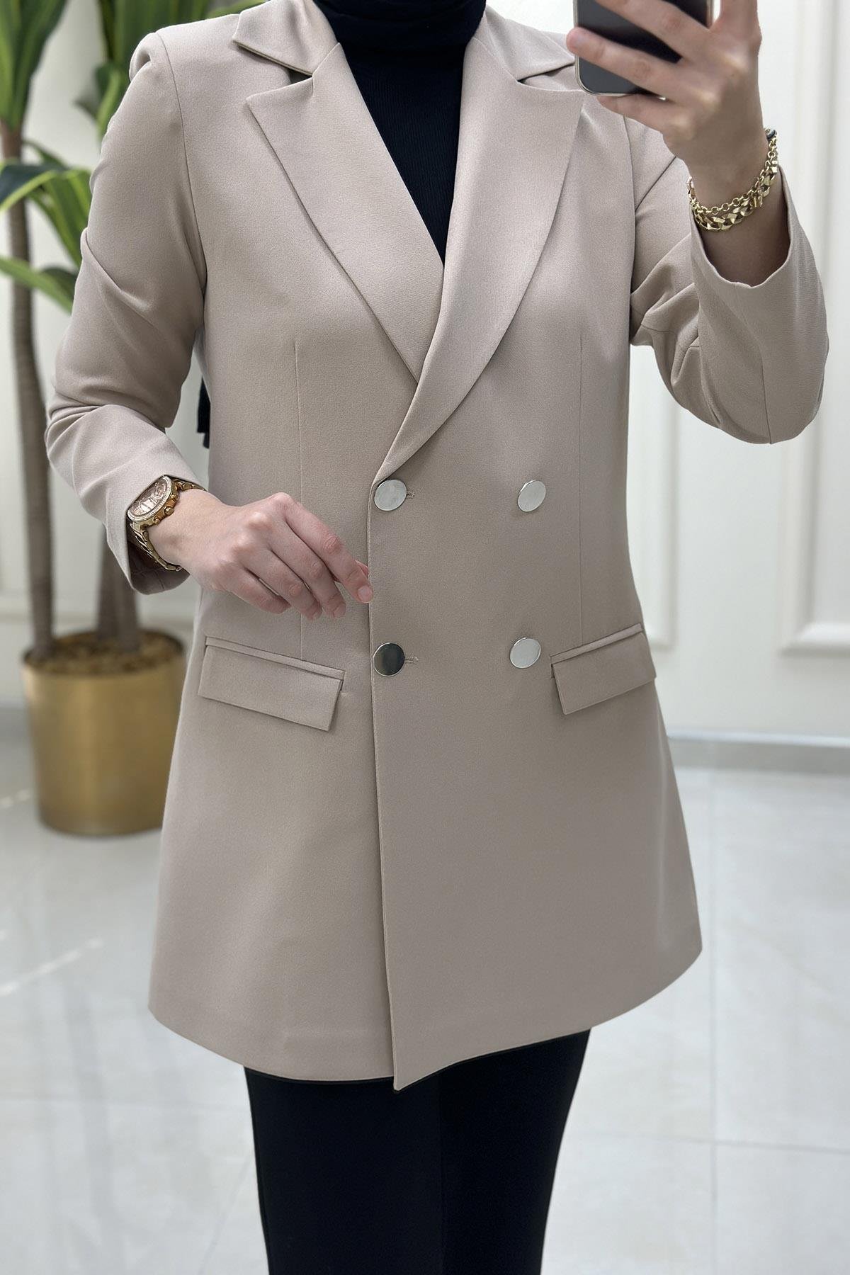 CeketKruvaze Yaka Önü Düğmeli Kadın Blazer Ceket Bej OZN 4151