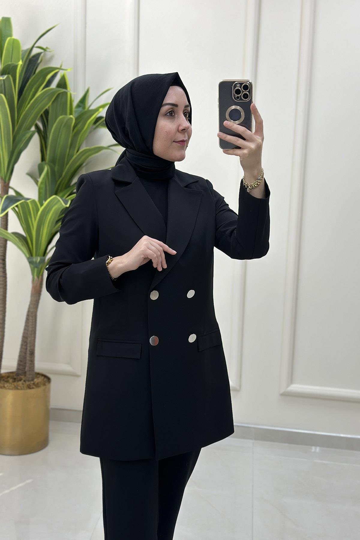 CeketKruvaze Yaka Önü Düğmeli Kadın Blazer Ceket Siyah OZN 4151