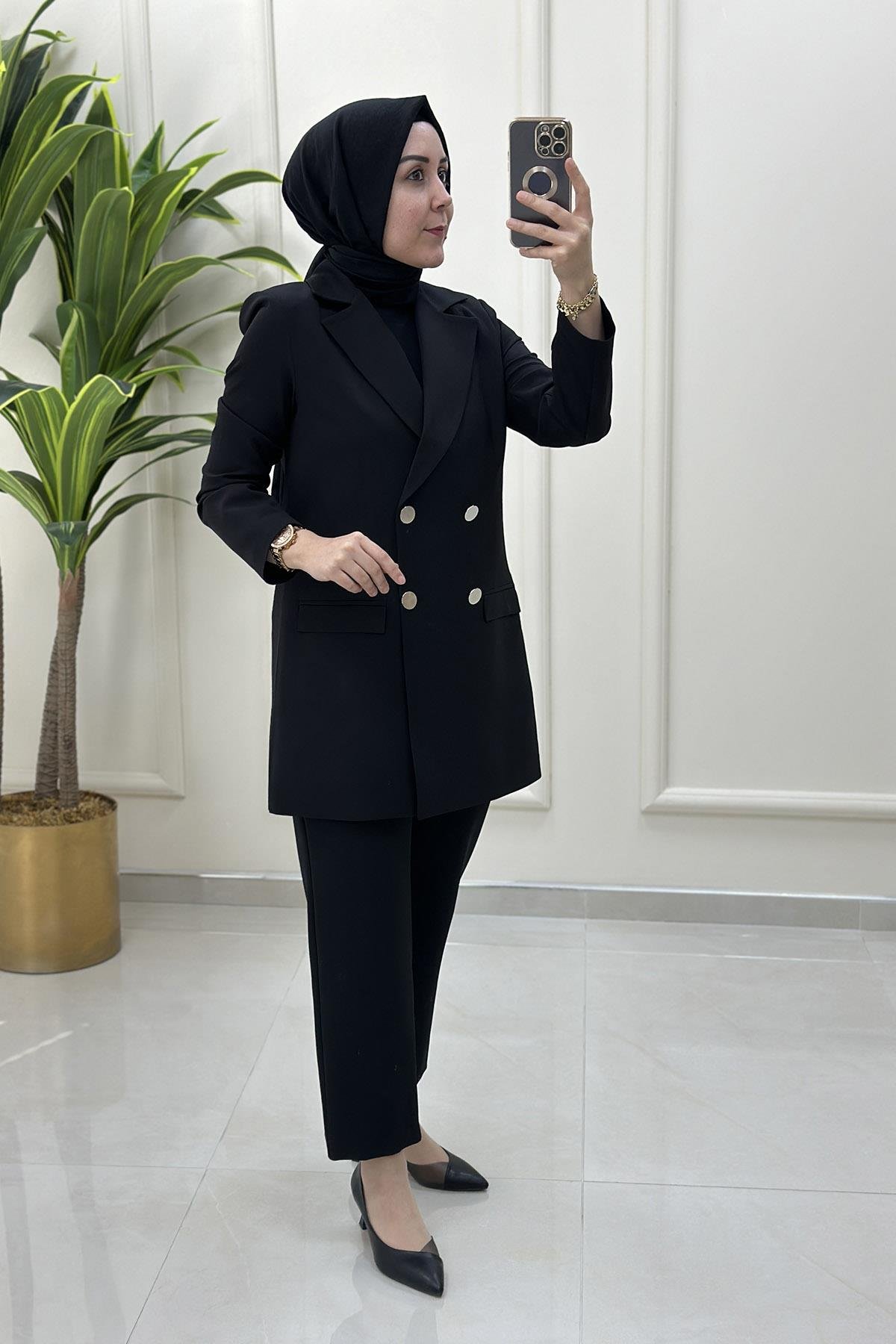 CeketKruvaze Yaka Önü Düğmeli Kadın Blazer Ceket Siyah OZN 4151