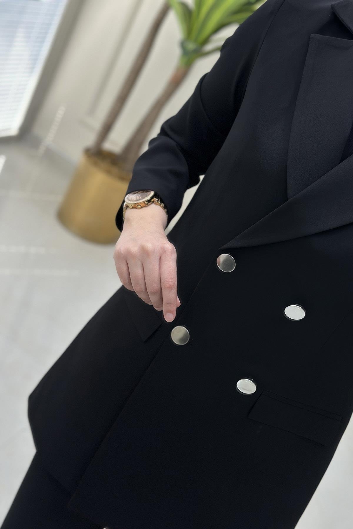 CeketKruvaze Yaka Önü Düğmeli Kadın Blazer Ceket Siyah OZN 4151
