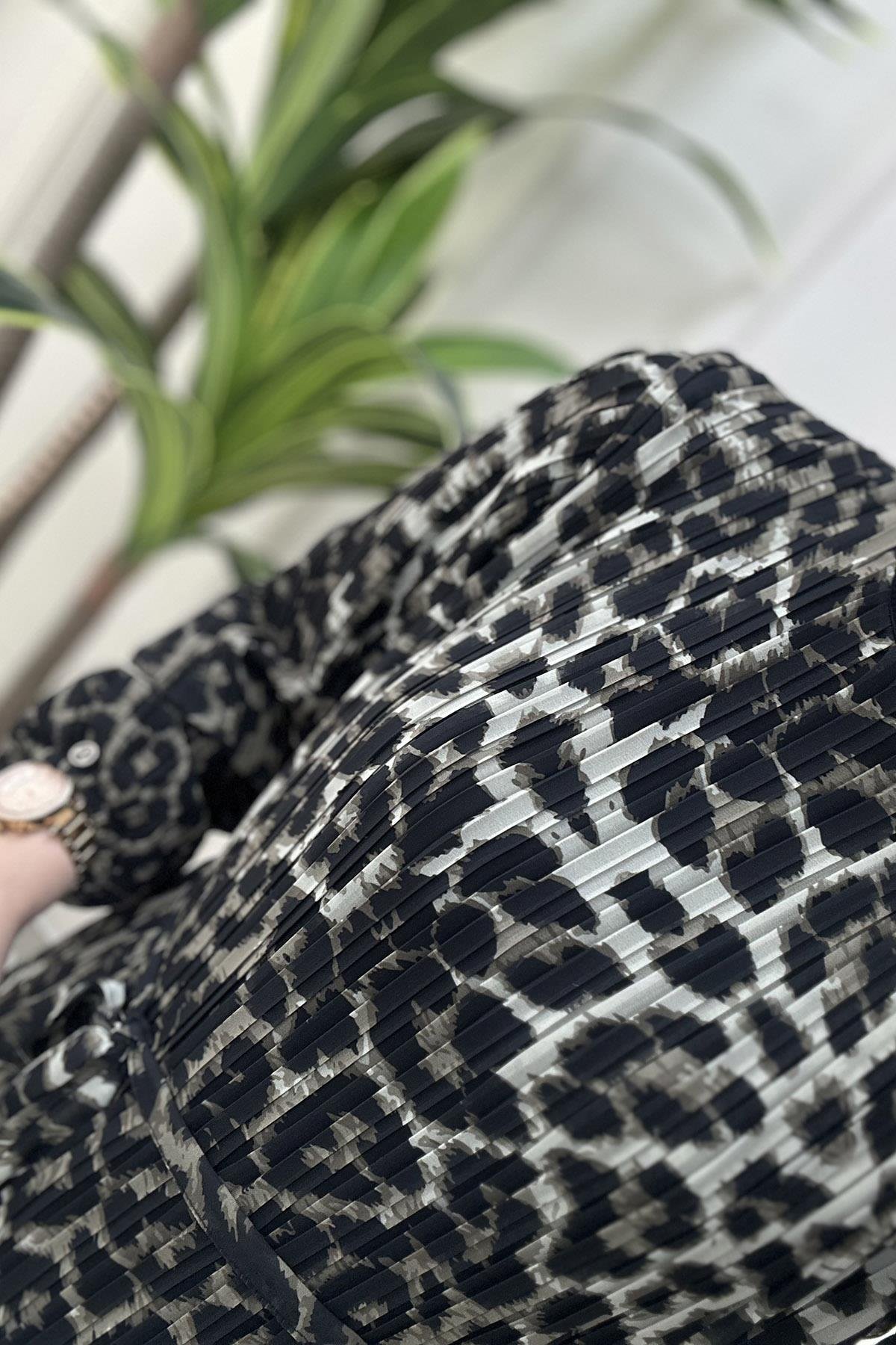 ElbiseArmine Trend Leopar Desen Piliseli Beli Kemerli Kadın Elbise Siyah/Haki ARM 907