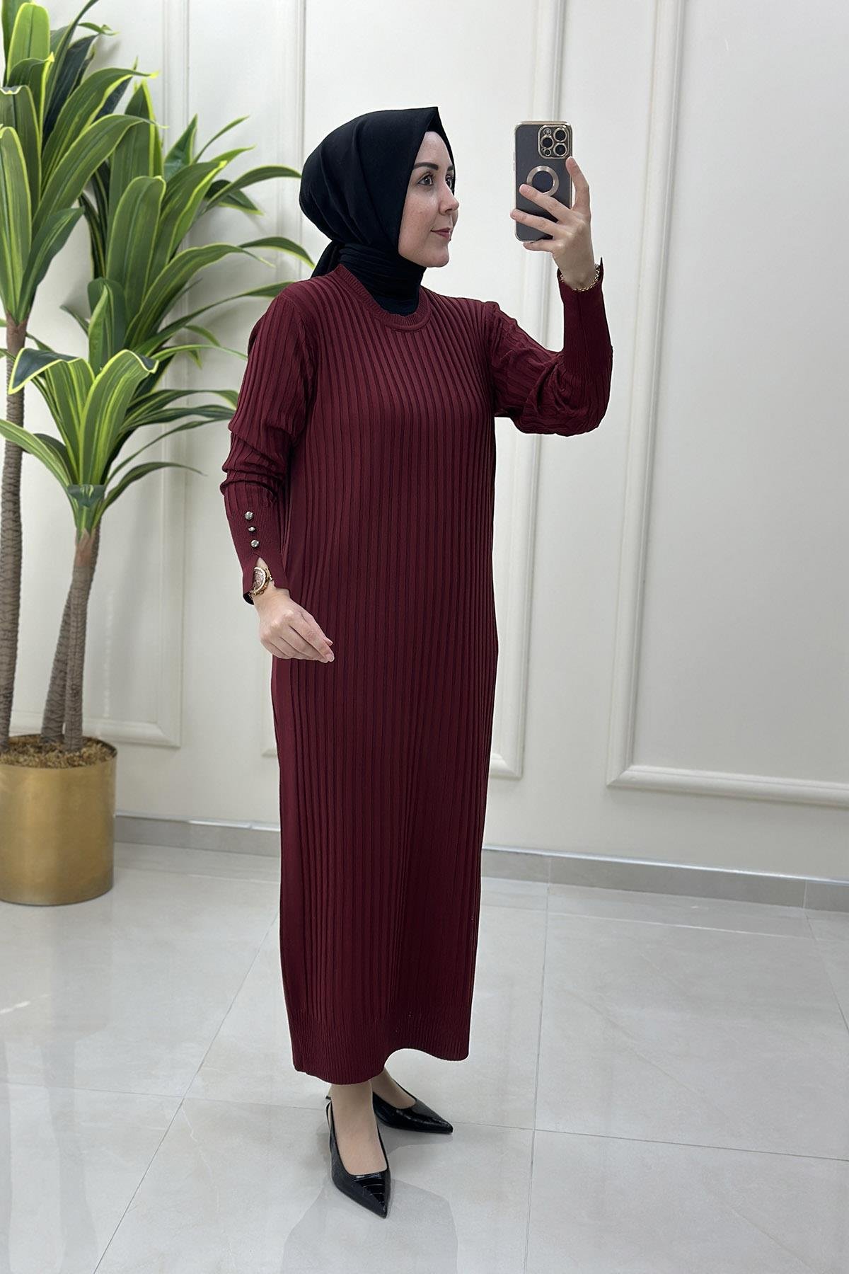 ElbiseDüşük Omuz Fitilli Kolu Düğme Detaylı Merserize Kadın Elbise Bordo KADO 46202