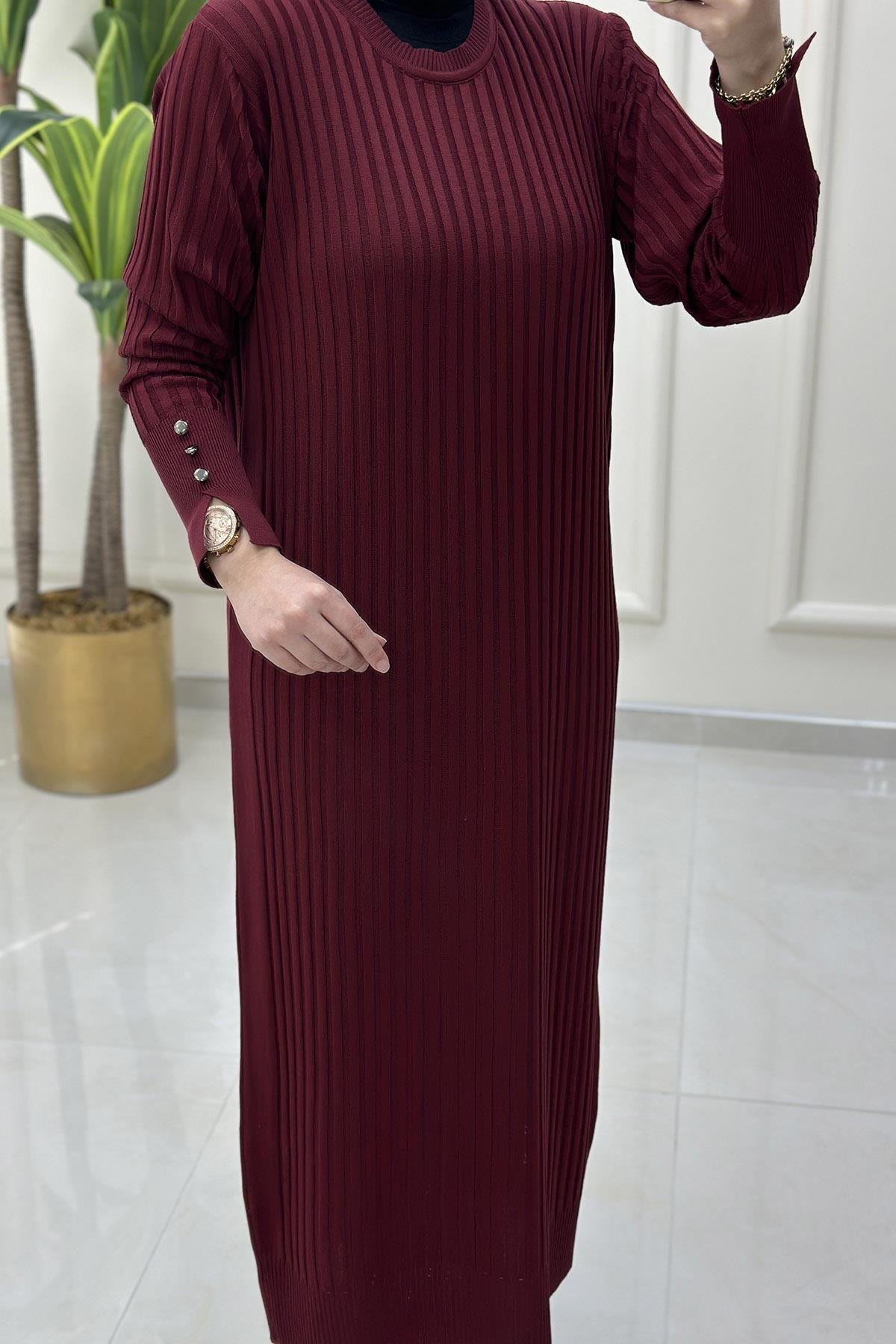 ElbiseDüşük Omuz Fitilli Kolu Düğme Detaylı Merserize Kadın Elbise Bordo KADO 46202