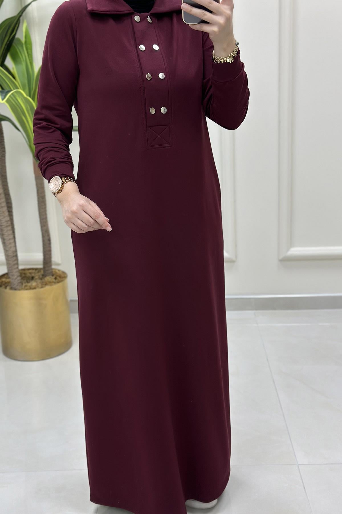 ElbiseÖnü Yarım Çıtçıtlı Cepli Kadın Elbise Bordo KADO 9660