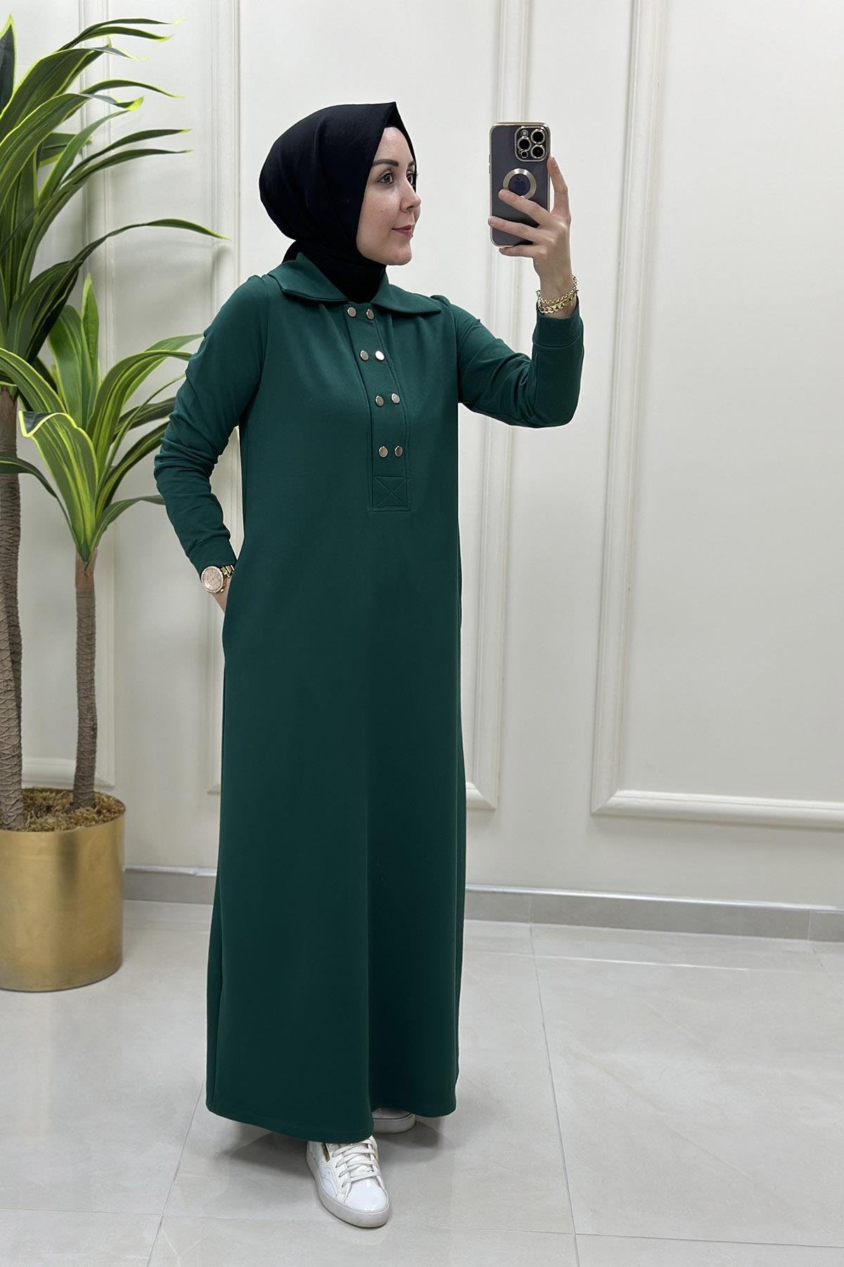 ElbiseÖnü Yarım Çıtçıtlı Cepli Kadın Elbise Zümrüt Yeşili KADO 9660