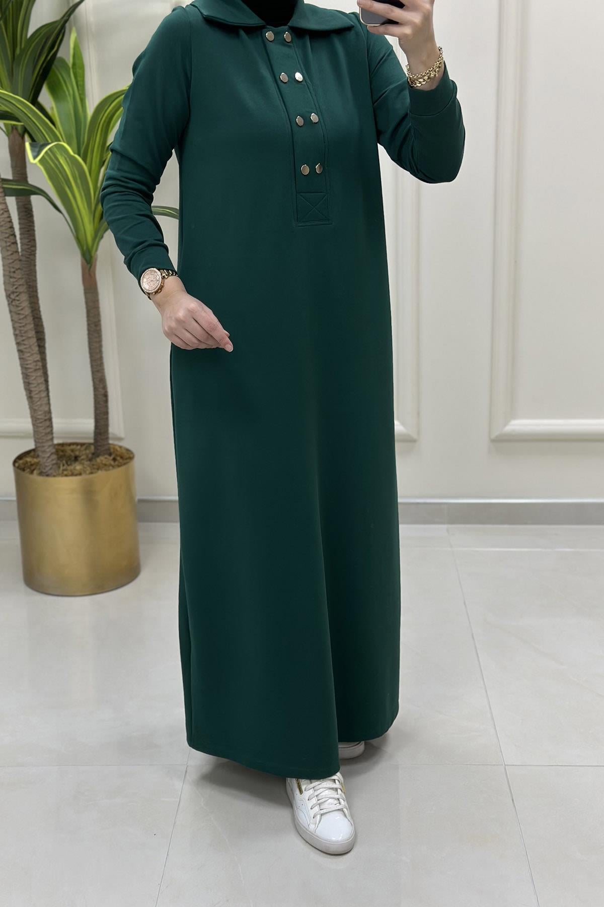 ElbiseÖnü Yarım Çıtçıtlı Cepli Kadın Elbise Zümrüt Yeşili KADO 9660