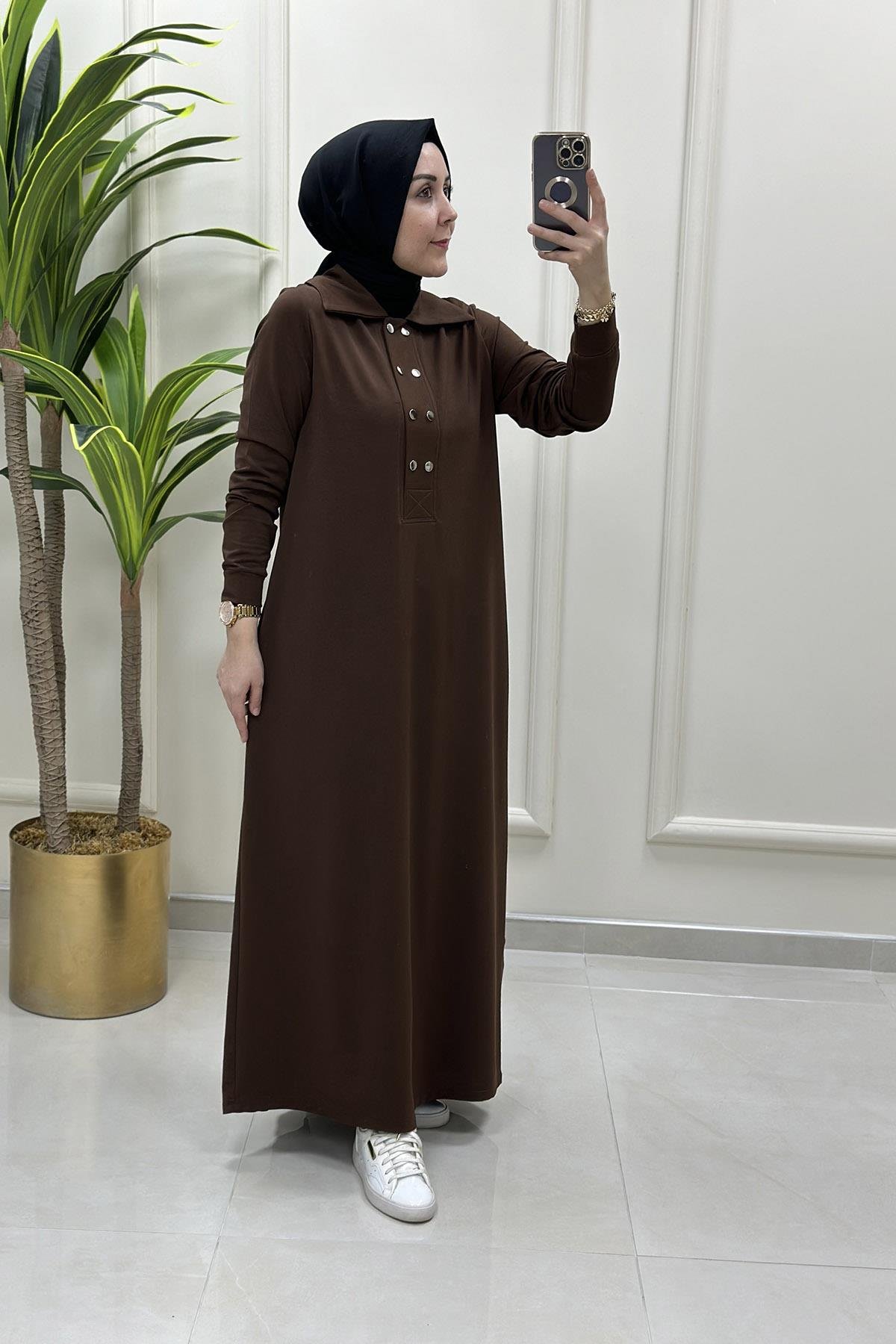 ElbiseÖnü Yarım Çıtçıtlı Cepli Kadın Elbise Kahverengi KADO 9660