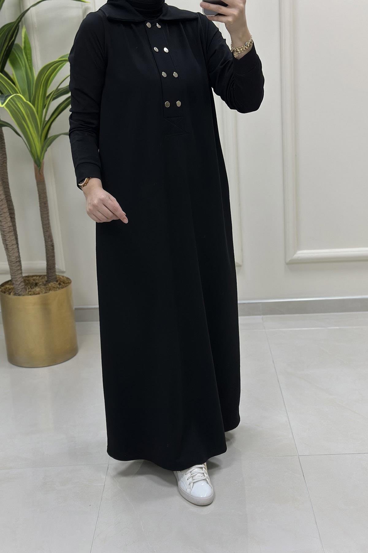 ElbiseÖnü Yarım Çıtçıtlı Cepli Kadın Elbise Siyah KADO 9660