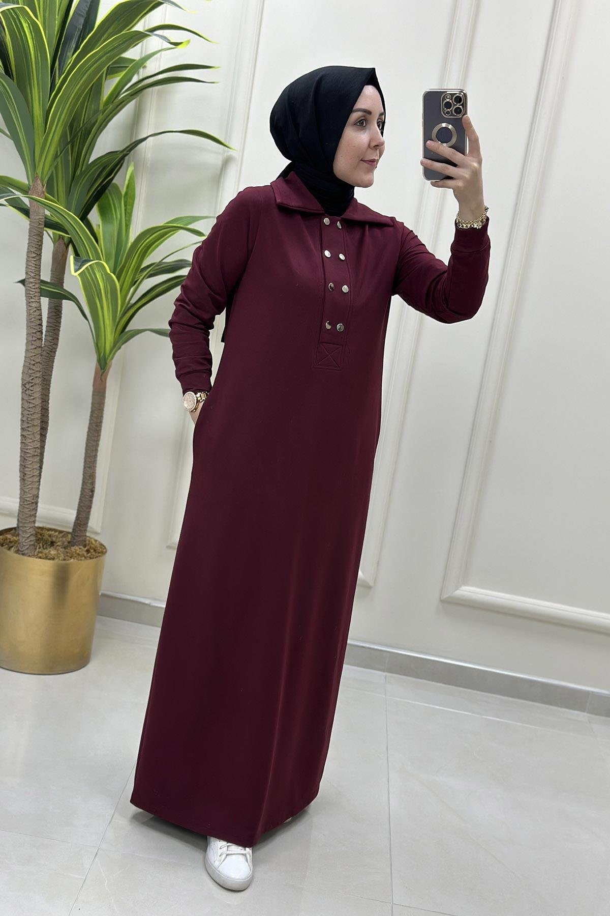 ElbiseÖnü Yarım Çıtçıtlı Cepli Kadın Elbise Bordo KADO 9660