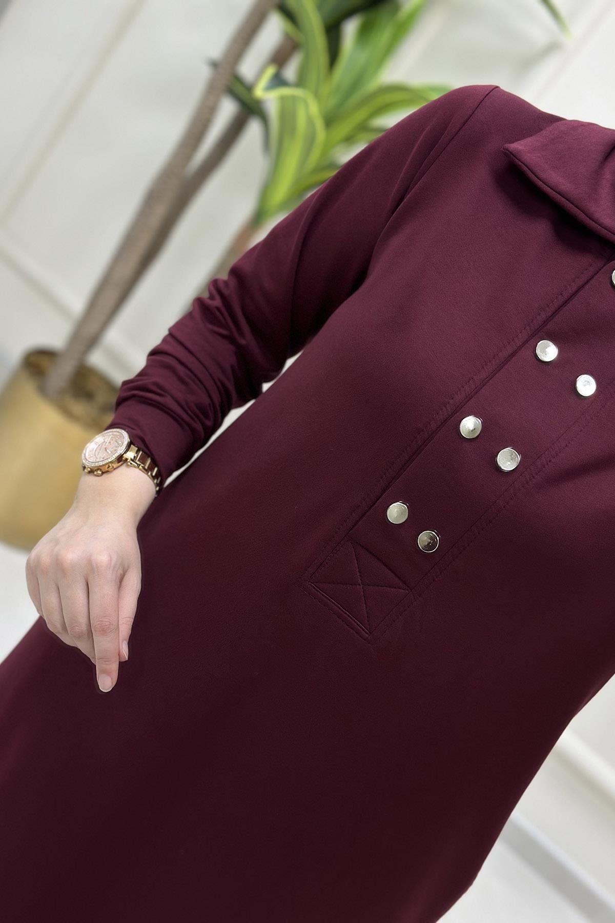 ElbiseÖnü Yarım Çıtçıtlı Cepli Kadın Elbise Bordo KADO 9660