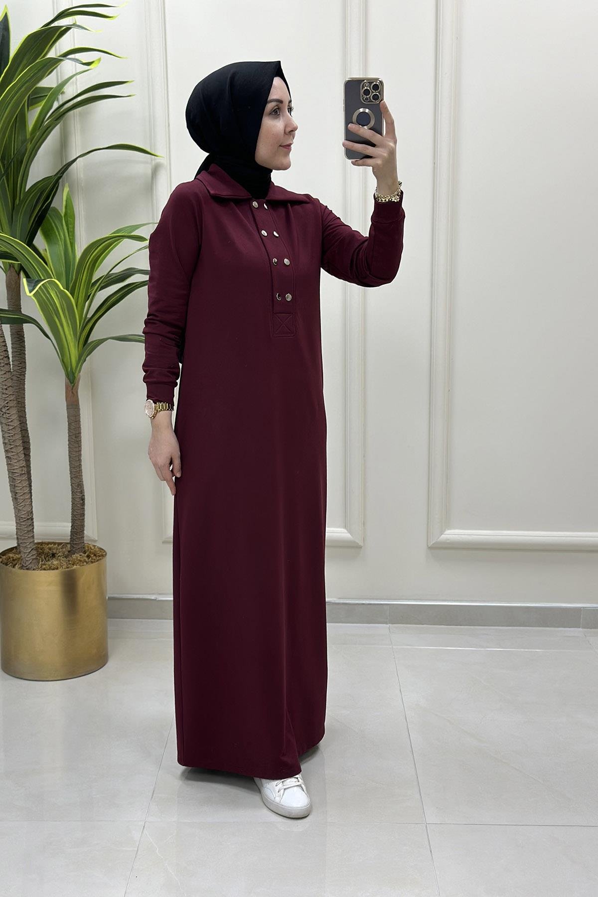 ElbiseÖnü Yarım Çıtçıtlı Cepli Kadın Elbise Bordo KADO 9660