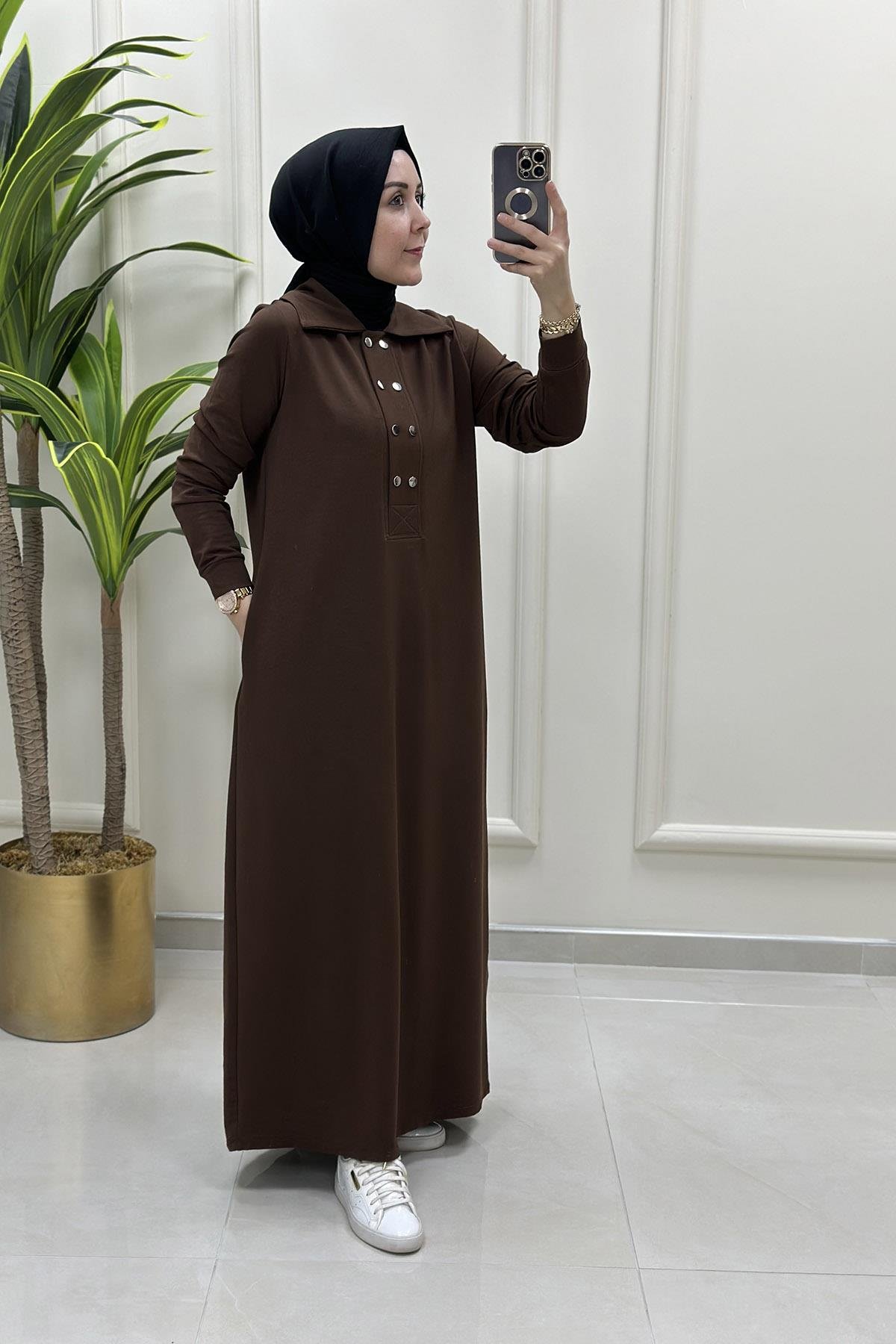 ElbiseÖnü Yarım Çıtçıtlı Cepli Kadın Elbise Kahverengi KADO 9660