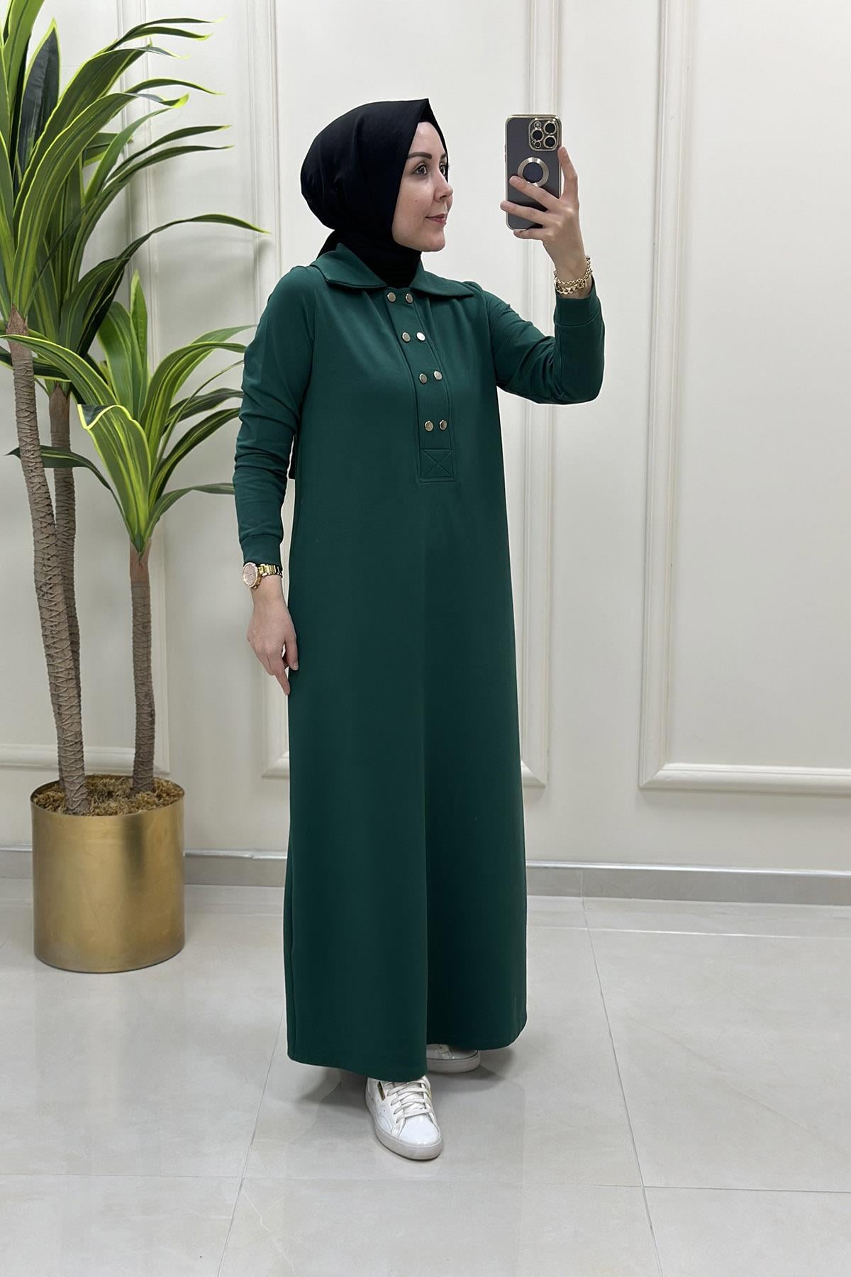 ElbiseÖnü Yarım Çıtçıtlı Cepli Kadın Elbise Zümrüt Yeşili KADO 9660