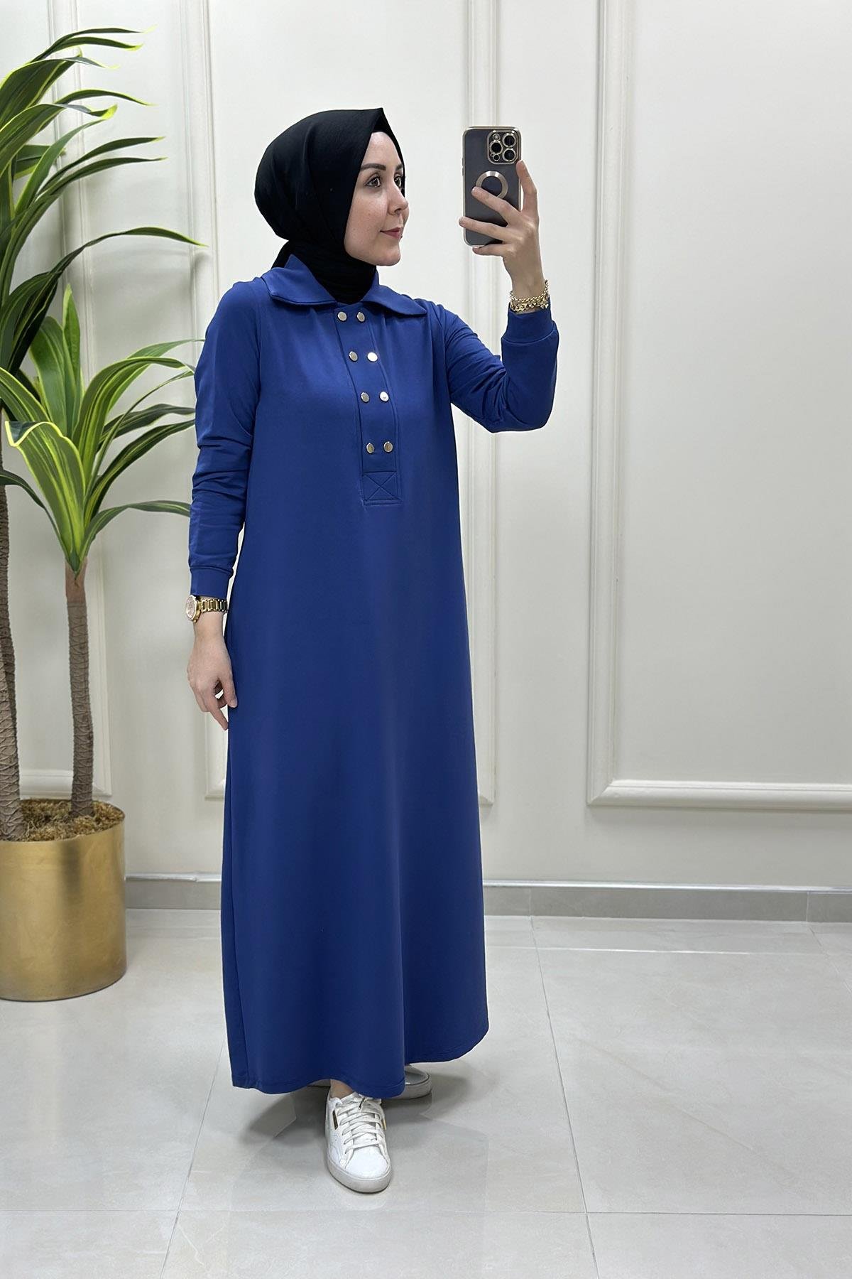 ElbiseÖnü Yarım Çıtçıtlı Cepli Kadın Elbise Koyu İndigo KADO 9660