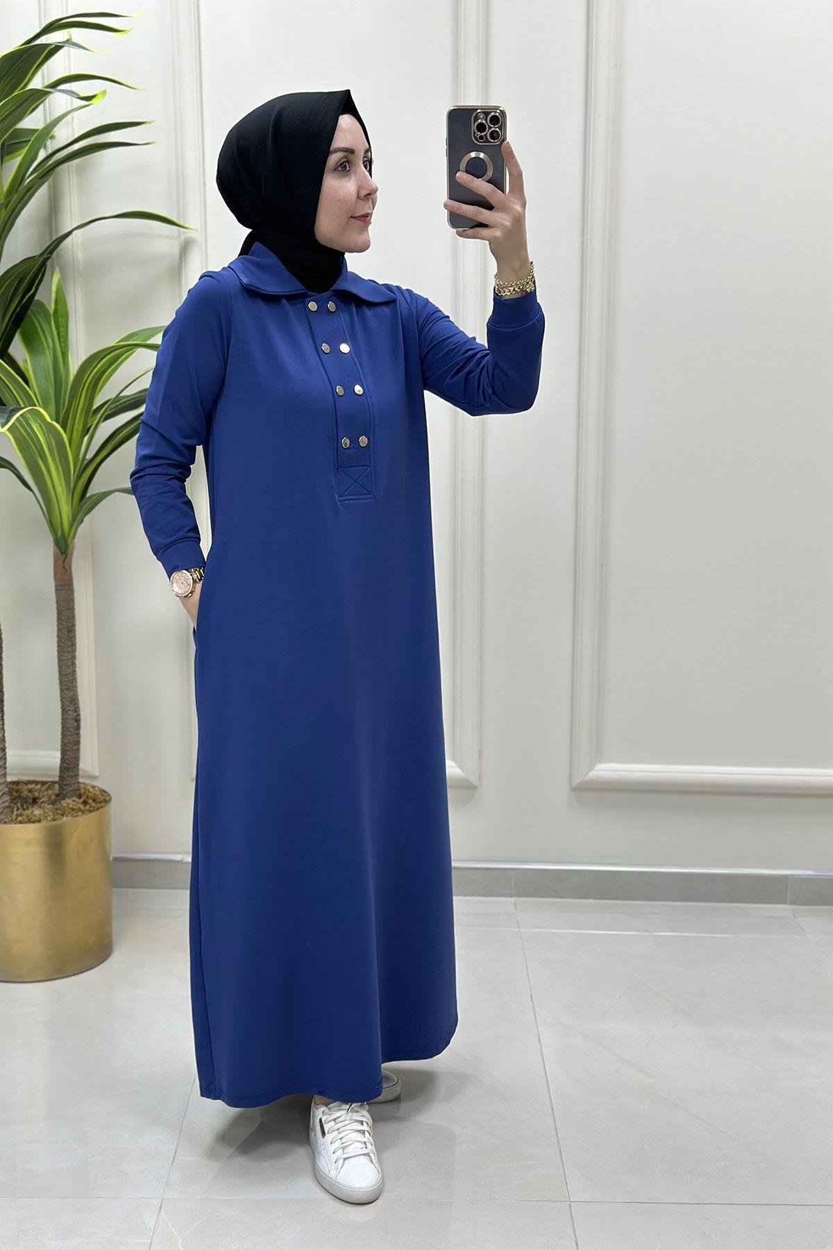 ElbiseÖnü Yarım Çıtçıtlı Cepli Kadın Elbise Koyu İndigo KADO 9660