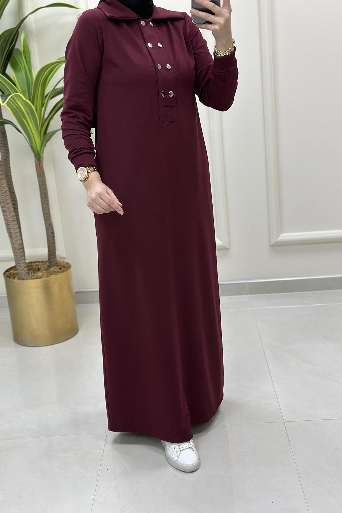 ElbiseÖnü Yarım Çıtçıtlı Cepli Kadın Elbise Bordo KADO 9660