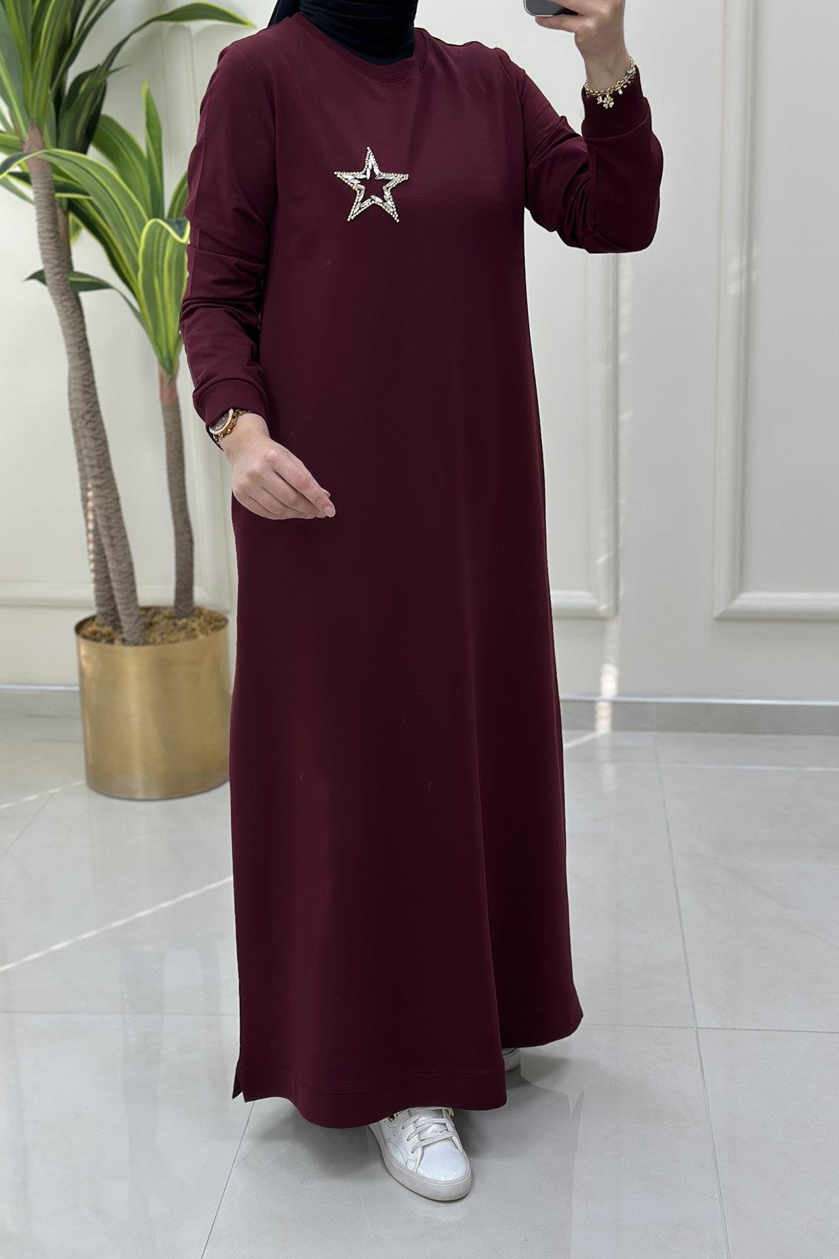 ElbiseYaka Yıldız Taş Baskılı Ribanalı Kadın Elbise Bordo KADO 9228