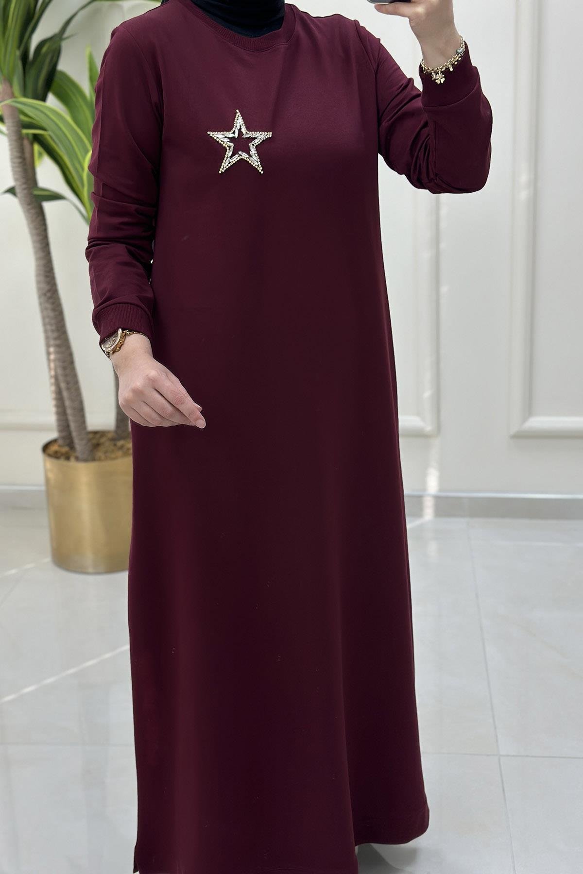 ElbiseYaka Yıldız Taş Baskılı Ribanalı Kadın Elbise Bordo KADO 9228