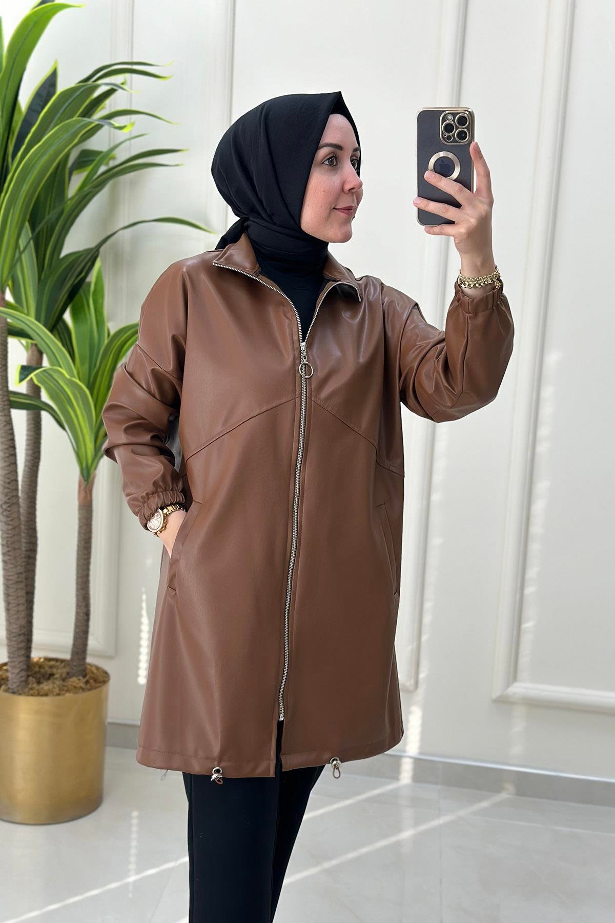 Giy Çık Düşük Omuz Önü Fermuarlı Deri Kadın Bomber Ceket Taba MSE 2044