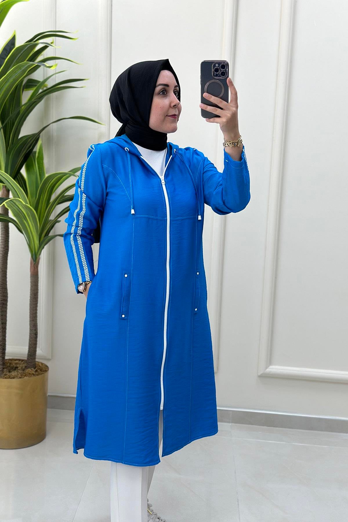 Giy Çık Önü Fermuarlı Kol Baskı Desen Kadın Giyçık Mavi WNW 1007