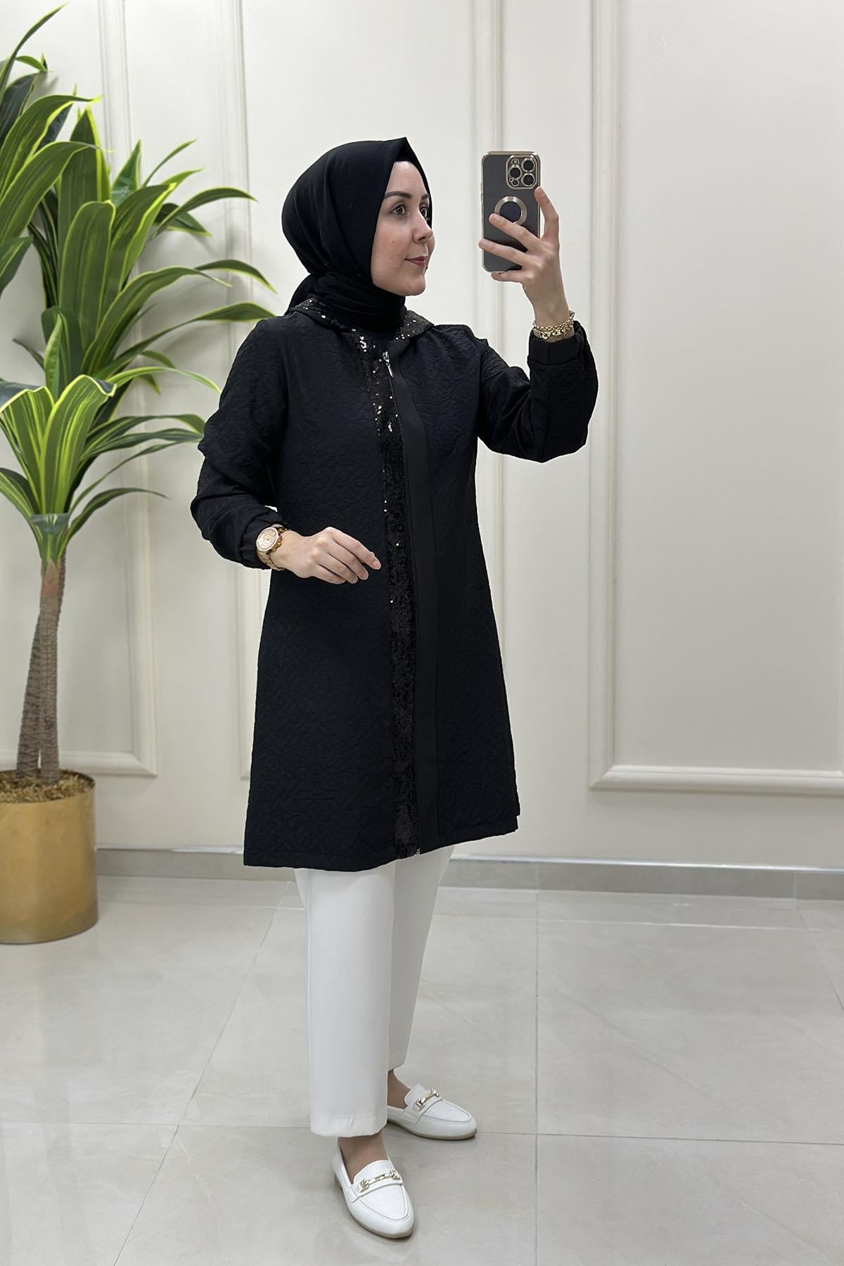 Giy Çık Önü Fermuarlı Pulpayet Detaylı Kadın Giyçık Kap Siyah QTN 4913