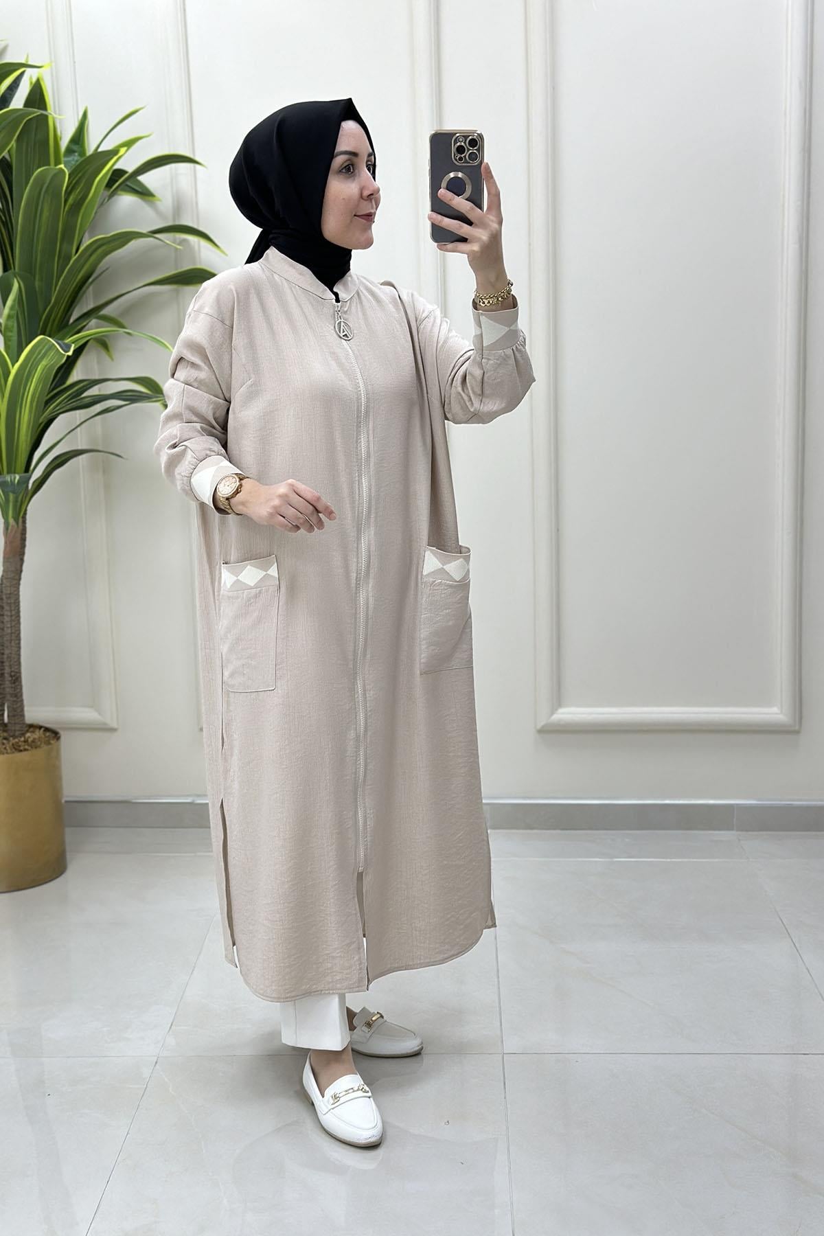 Giy ÇıkArmine Trend Önü Fermuarlı Reglan Kol Ribanalı Kadın Giyçık Kap Taş ARM 423