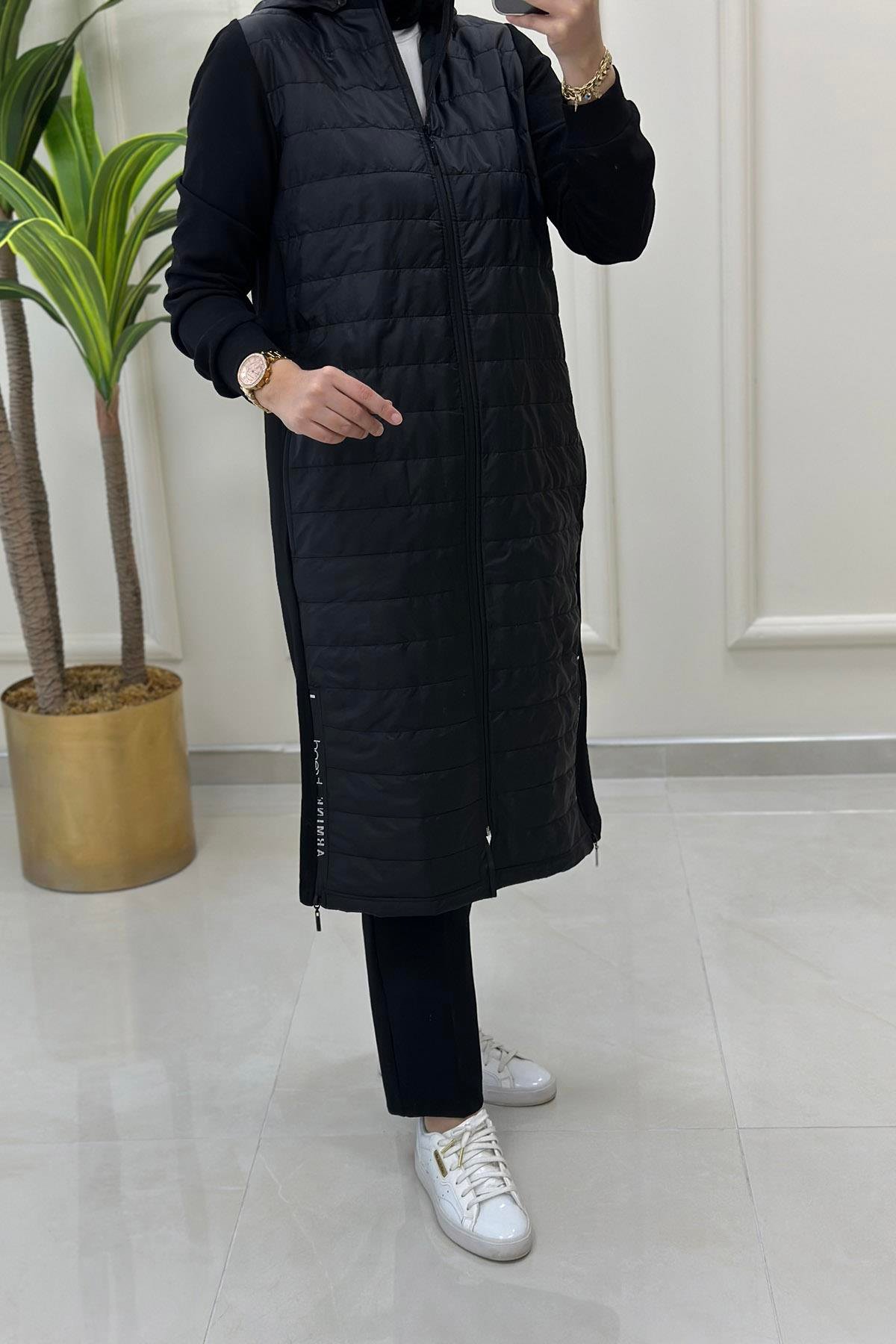 Giy ÇıkArmine Trend Yanları Logolu Fermuar Detaylı Kadın Kapitone Kap Siyah ARM 544