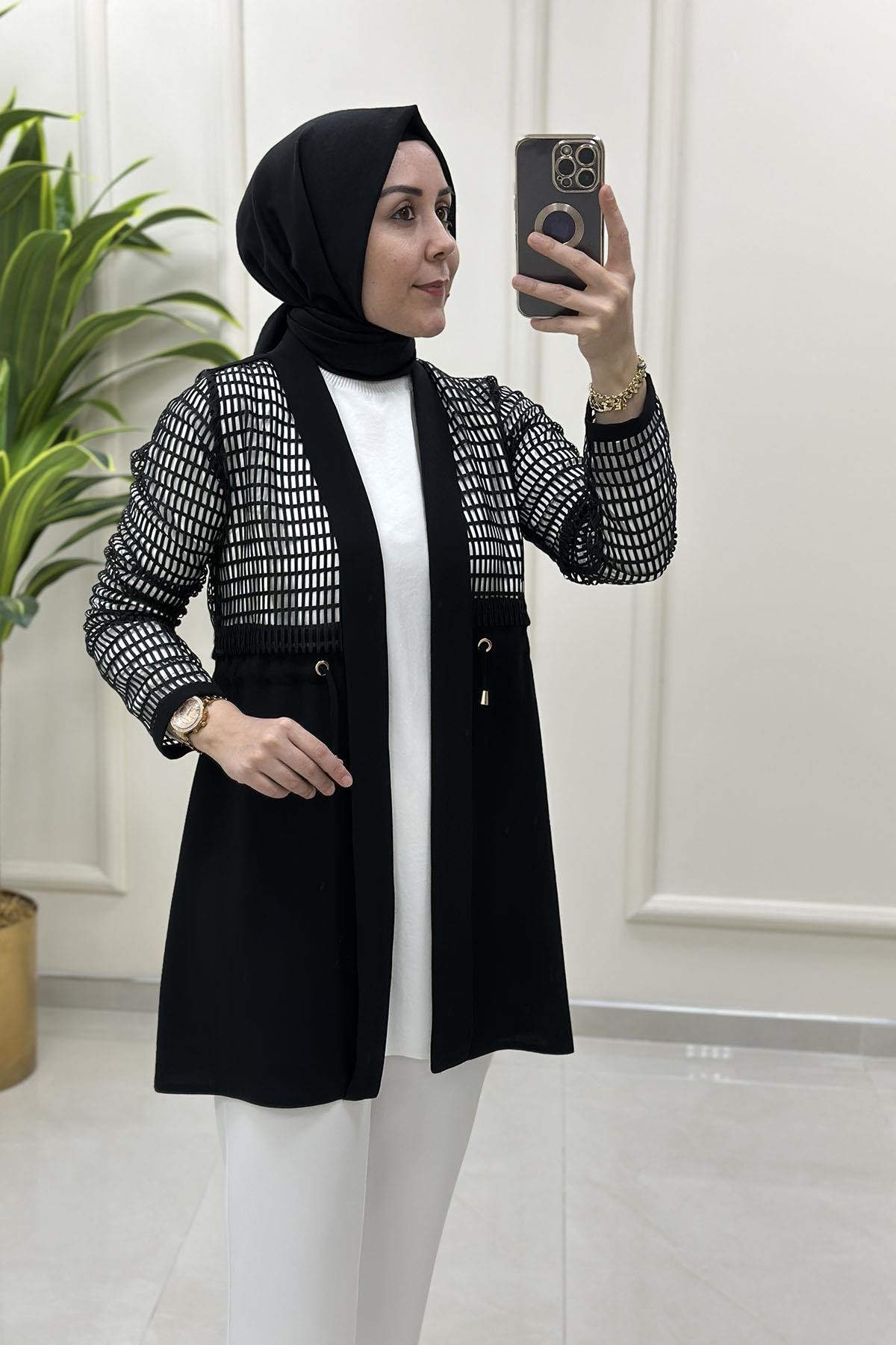 Giy ÇıkBeli Büzgülü File Kombinli Kadın Giyçık Siyah HYA 1555