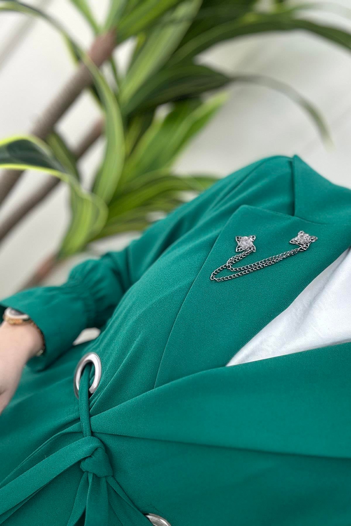 Giy ÇıkBeli Büzgülü Kolu Volanlı Broş Detaylı Kadın Giy Çık Benetton Yeşili MLH 4071