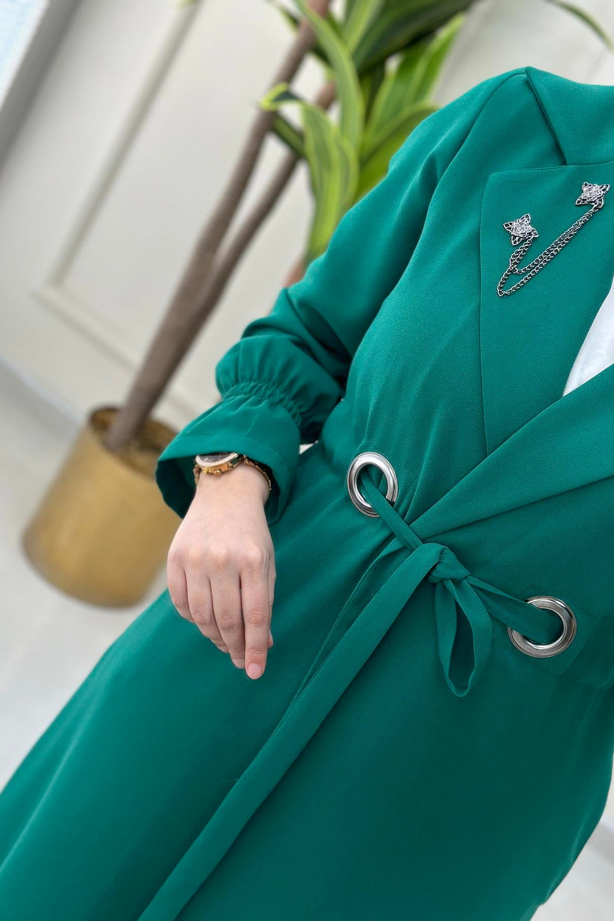 Giy ÇıkBeli Büzgülü Kolu Volanlı Broş Detaylı Kadın Giy Çık Benetton Yeşili MLH 4071