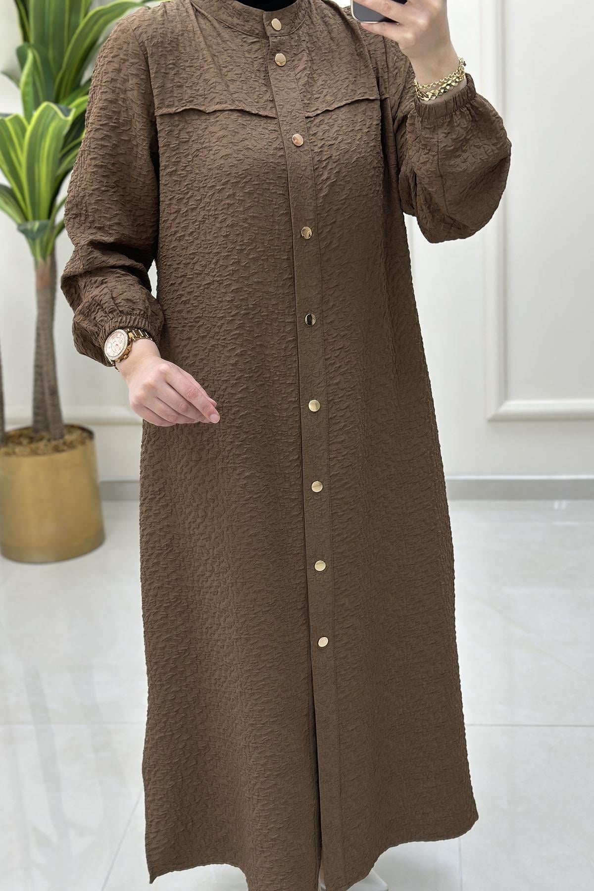 Giy ÇıkÖnü Çıtçıtlı Kolu Büzgülü Uzun Kadın Giyçık Tunik Taba QTN 4900