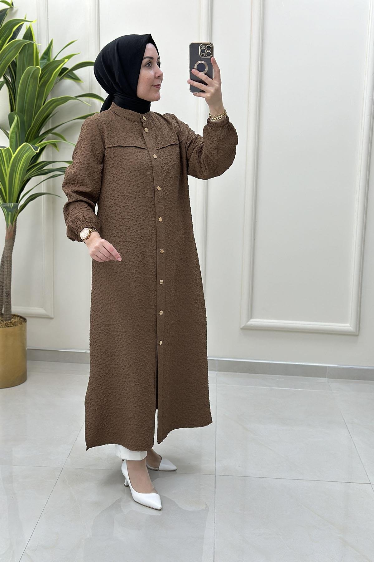 Giy ÇıkÖnü Çıtçıtlı Kolu Büzgülü Uzun Kadın Giyçık Tunik Taba QTN 4900