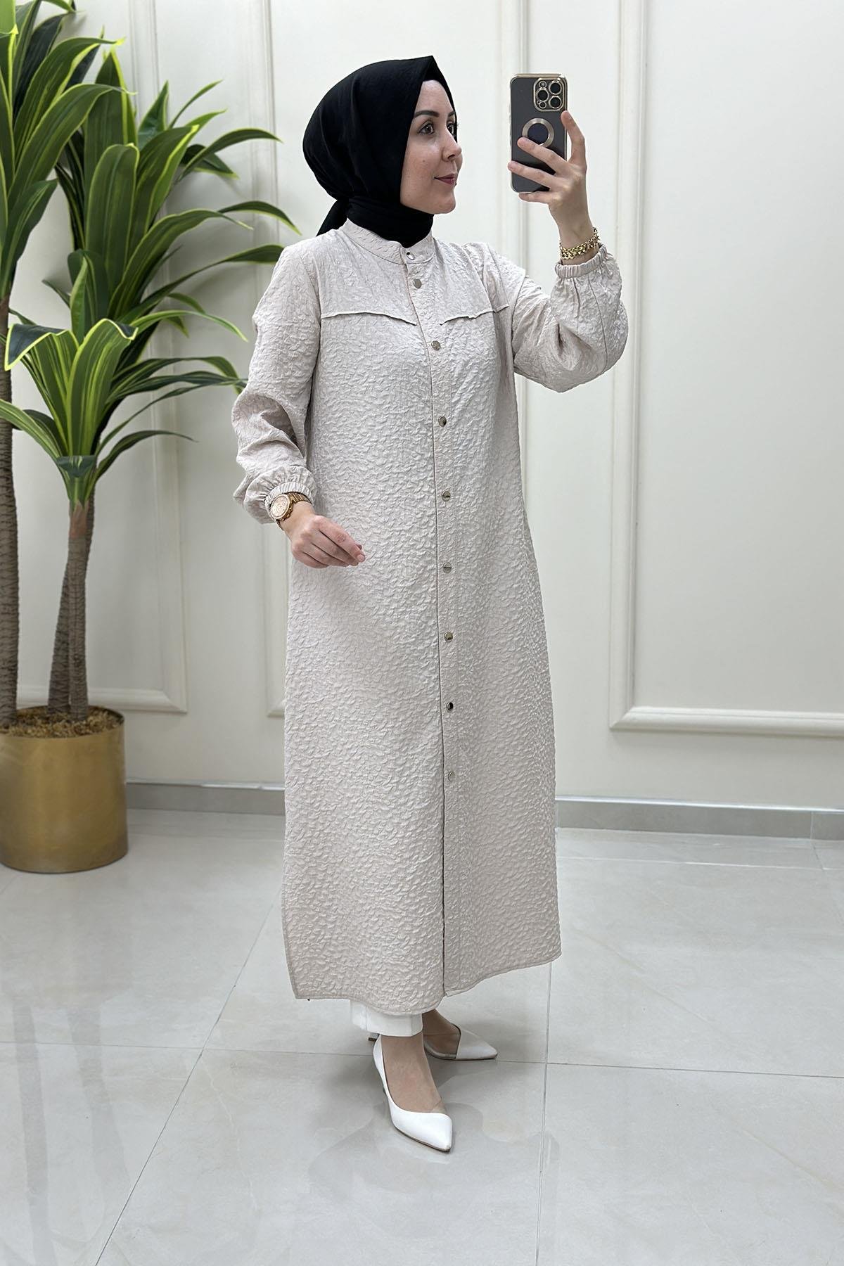 Giy ÇıkÖnü Çıtçıtlı Kolu Büzgülü Uzun Kadın Giyçık Tunik Taş QTN 4900