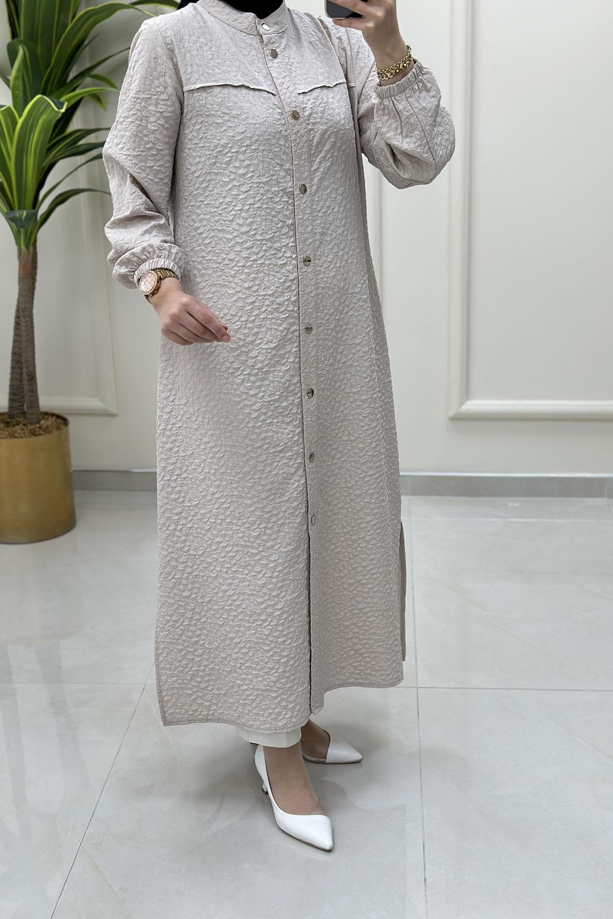 Giy ÇıkÖnü Çıtçıtlı Kolu Büzgülü Uzun Kadın Giyçık Tunik Taş QTN 4900