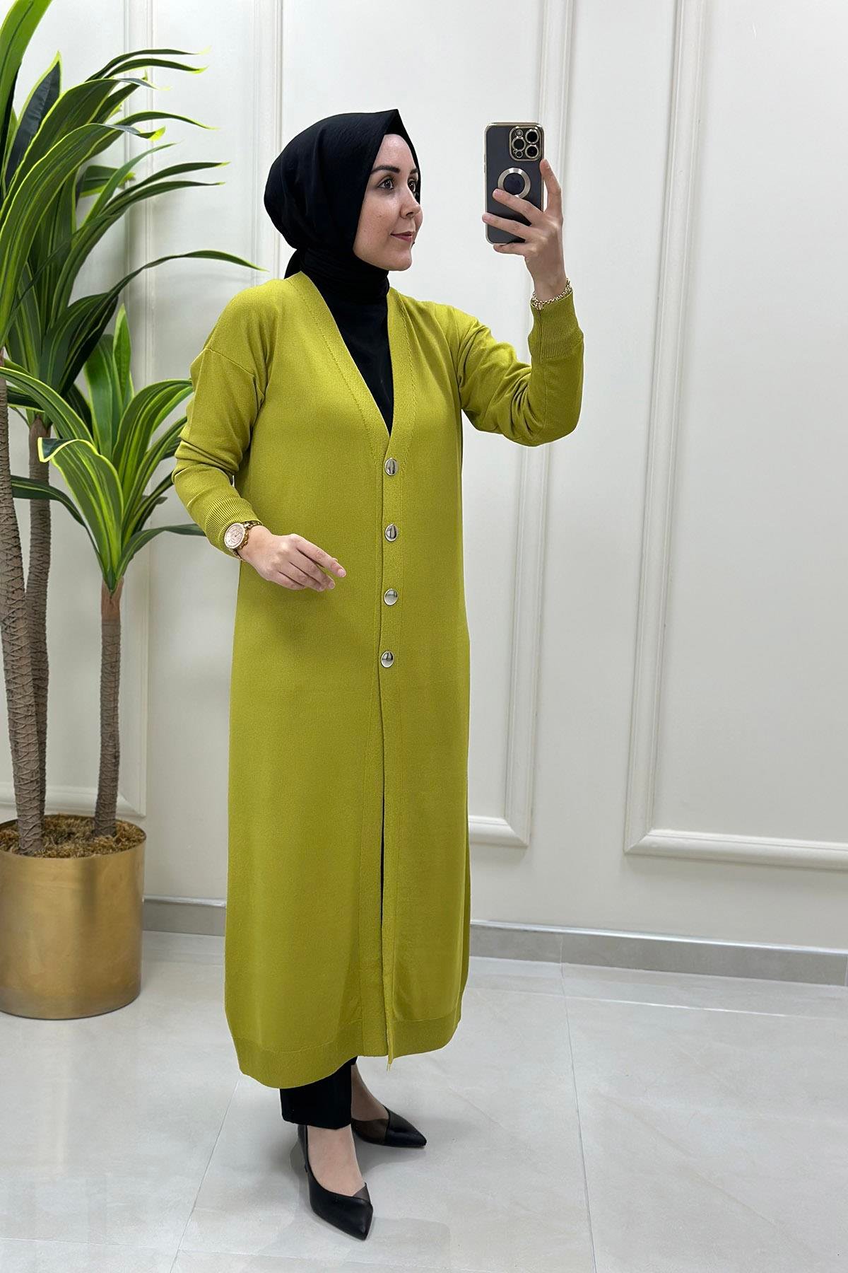 Giy ÇıkÖnü Düğmeli Uzun Kadın Triko Hırka Yağ Yeşili KADO 9172