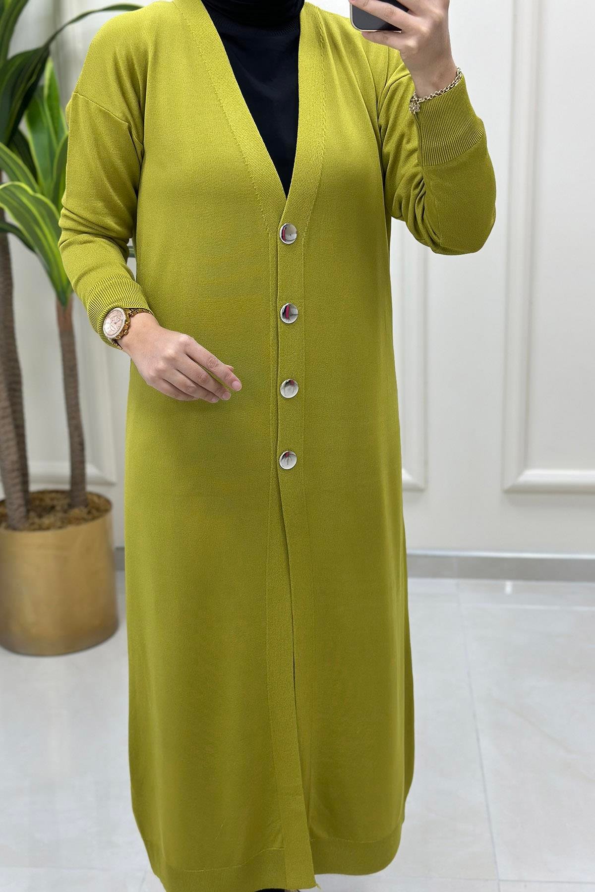 Giy ÇıkÖnü Düğmeli Uzun Kadın Triko Hırka Yağ Yeşili KADO 9172