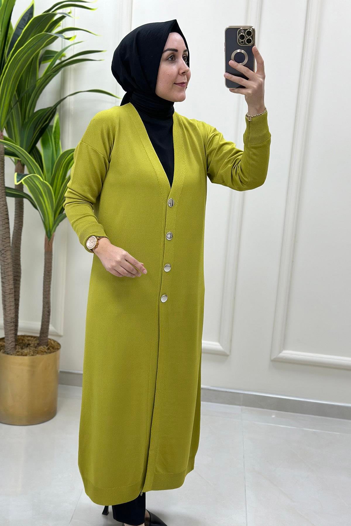 Giy ÇıkÖnü Düğmeli Uzun Kadın Triko Hırka Yağ Yeşili KADO 9172