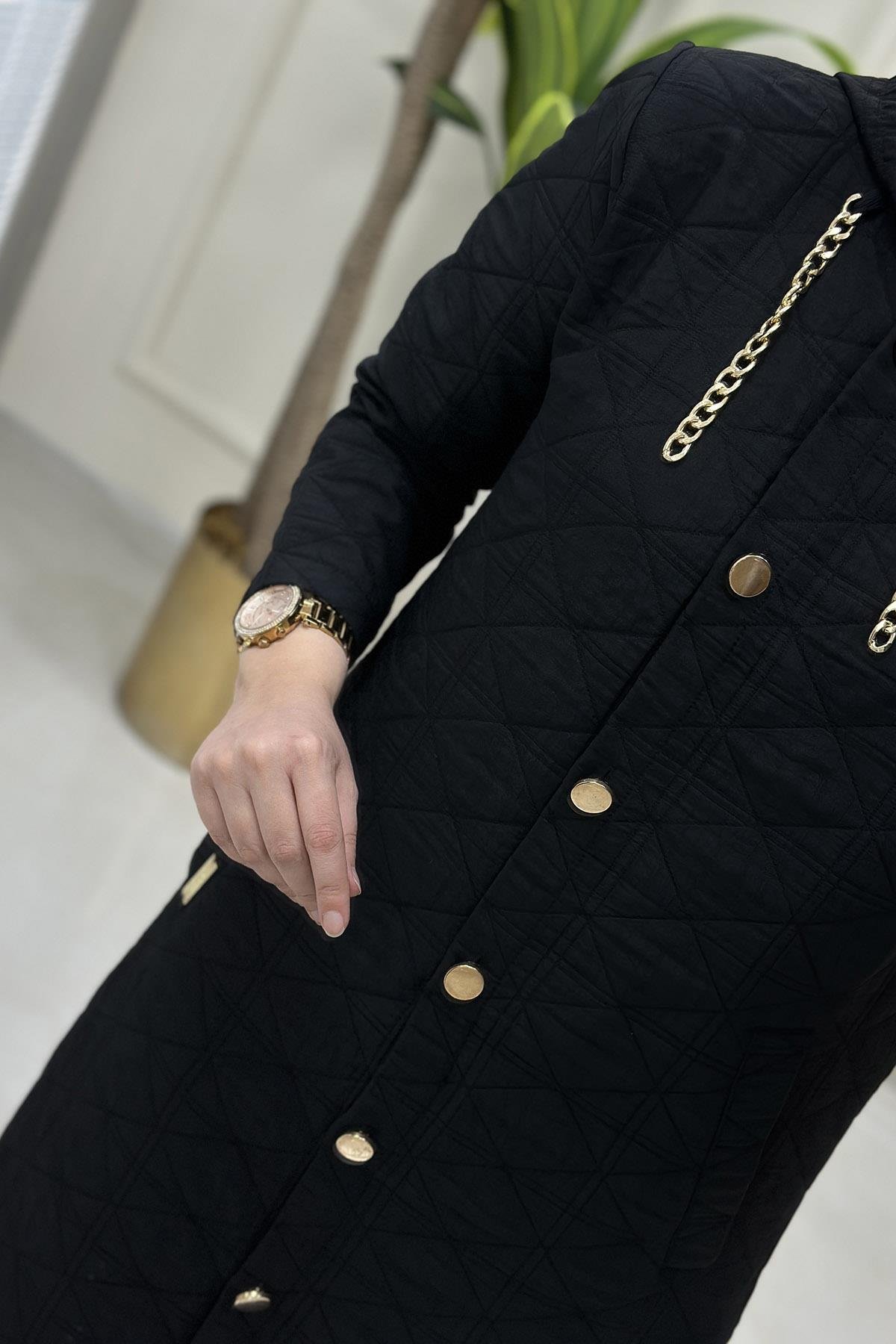 Giy ÇıkÖnü Düğmeli Zincir Detaylı Kadın Kapitone Giyçık Kap Siyah AKAY 101 