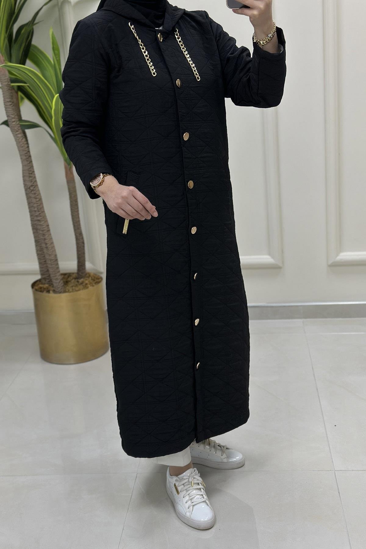 Giy ÇıkÖnü Düğmeli Zincir Detaylı Kadın Kapitone Giyçık Kap Siyah AKAY 101 